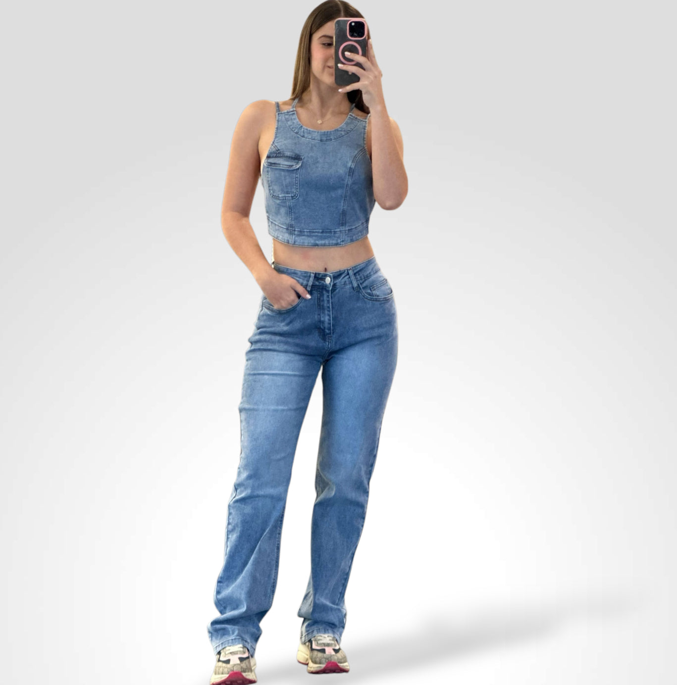 JOLIE BACKLESS CROP TOP & JEANS DENIM PANTS SET•
