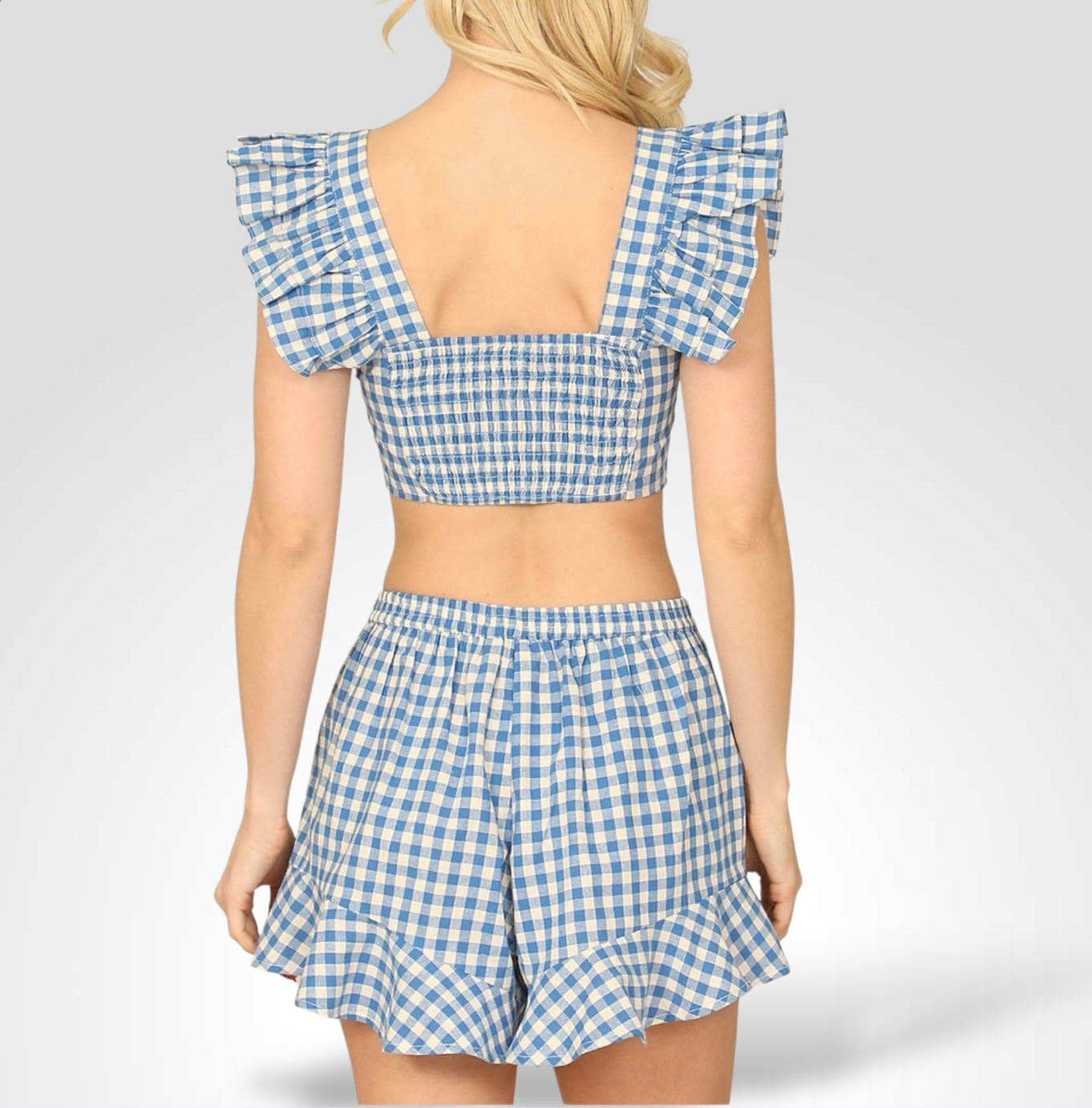 PLAID RUFFLE CROP TOP WAIST TIE SHORT SET•-2
