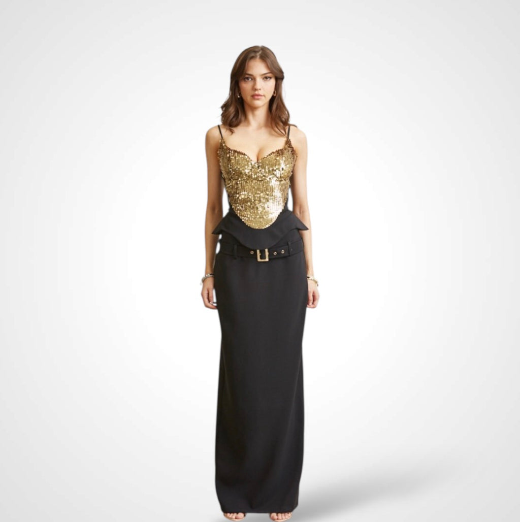 GOLD SEQUIN PEPLUM TOP & BELTED SKIRT SET