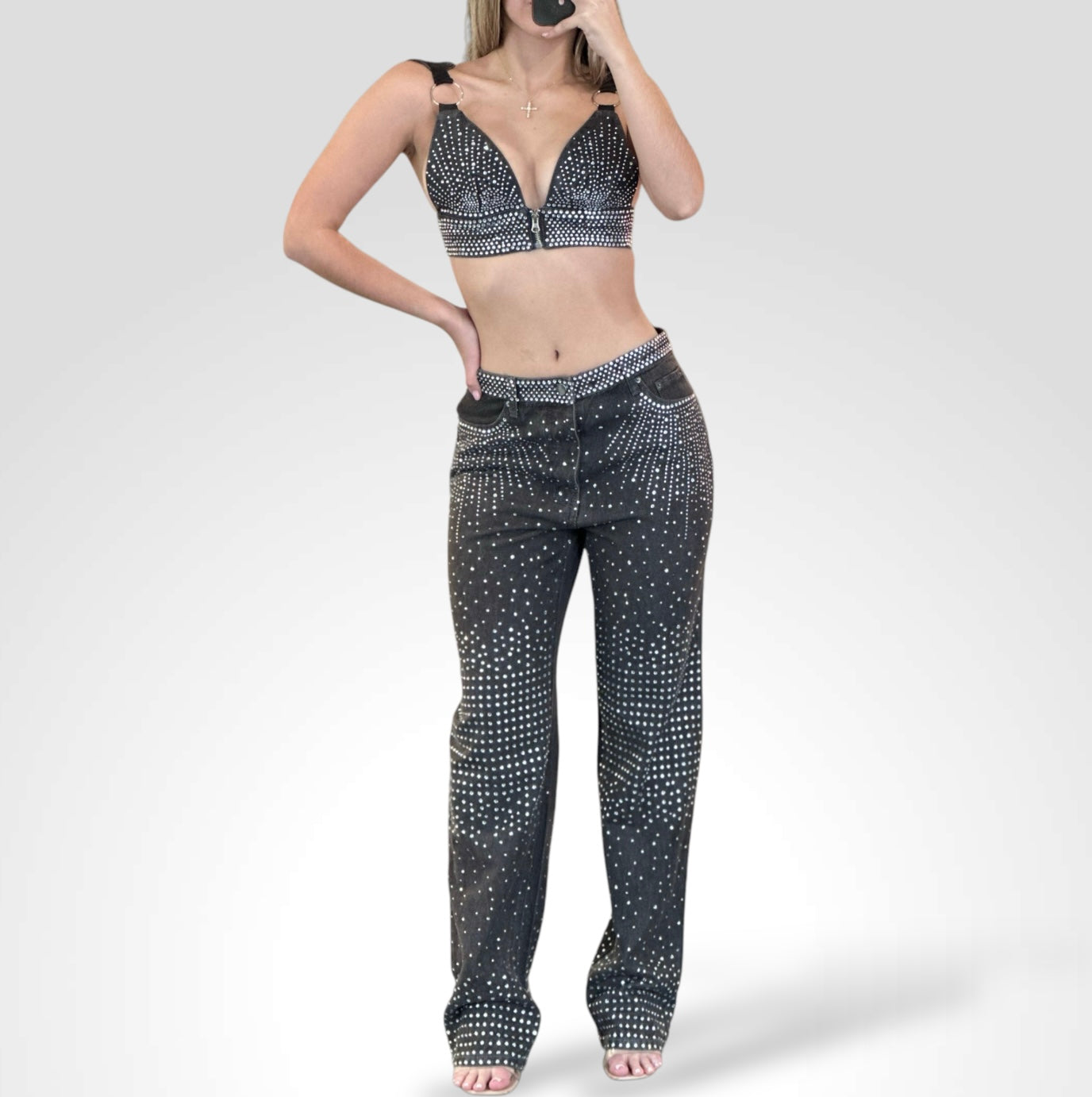 CROP TOP WIDE LEG PANTS DENIM STUDS DETAIL SET•