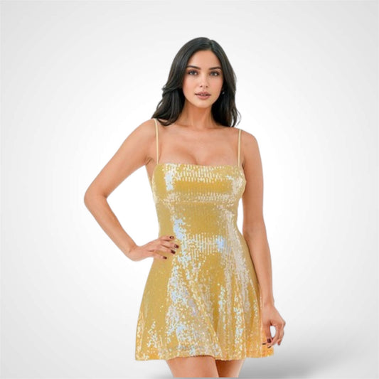 Solid Sequin Crossed Back Mini Dress