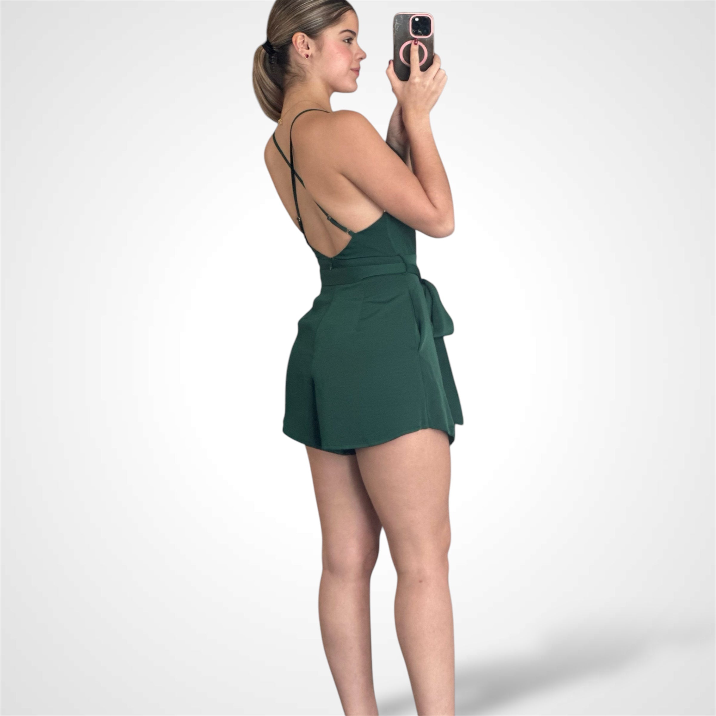 Cross Back Satin Romper (Green)