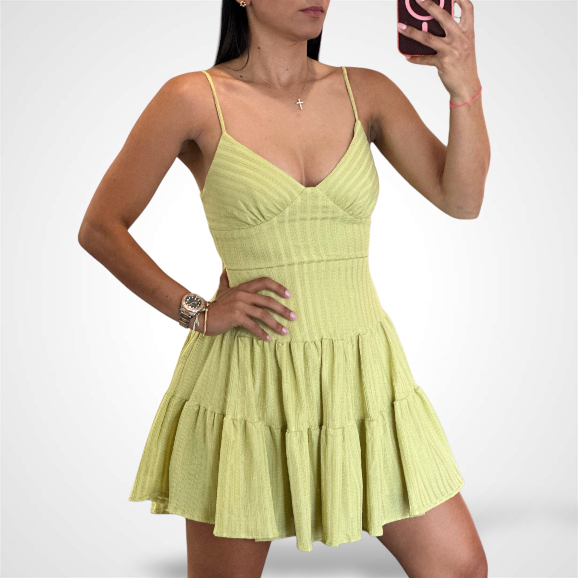NON STRETCH LINED FLOWY SKIRT DRESS (LIME)•-2