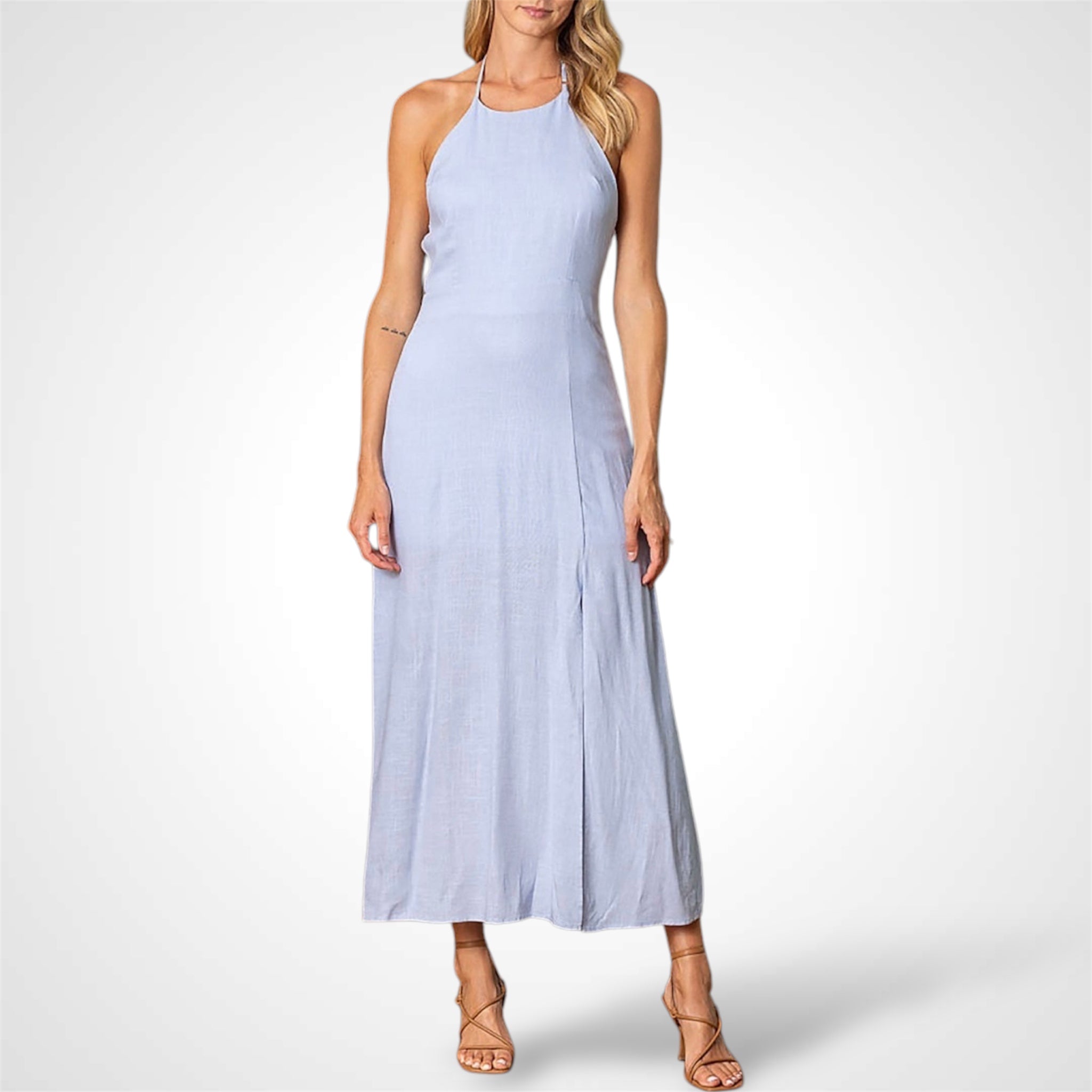 HALTER NECK OPEN BACK LINEN MAXI DRESS-1