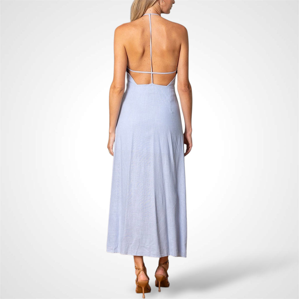 HALTER NECK OPEN BACK LINEN MAXI DRESS