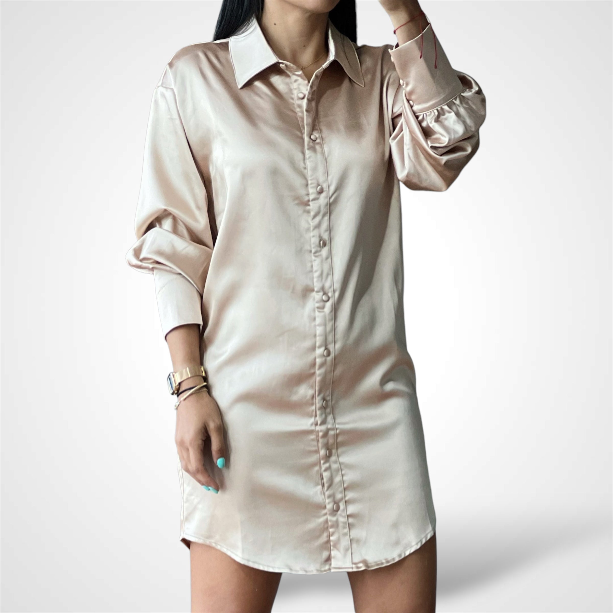 SATIN SHIRT MINI DRESS•