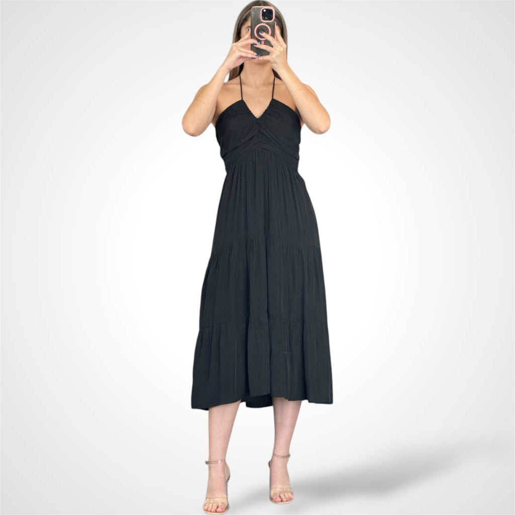 HALTER RUCHED V NOTCHED TIERED MIDI DRESS