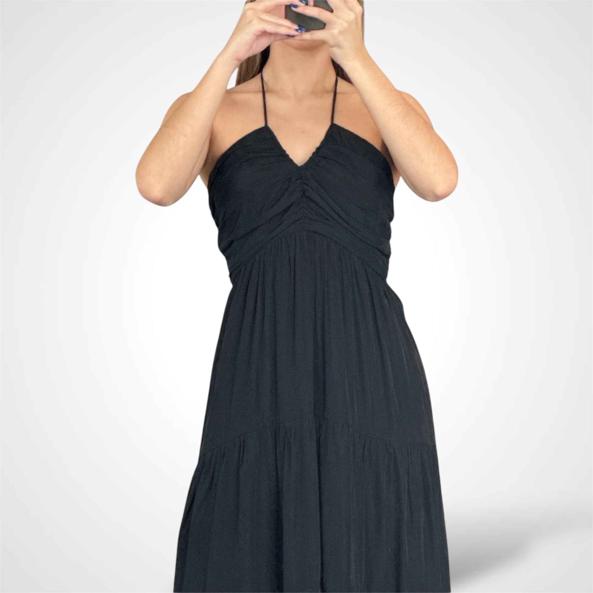 HALTER RUCHED V NOTCHED TIERED MIDI DRESS