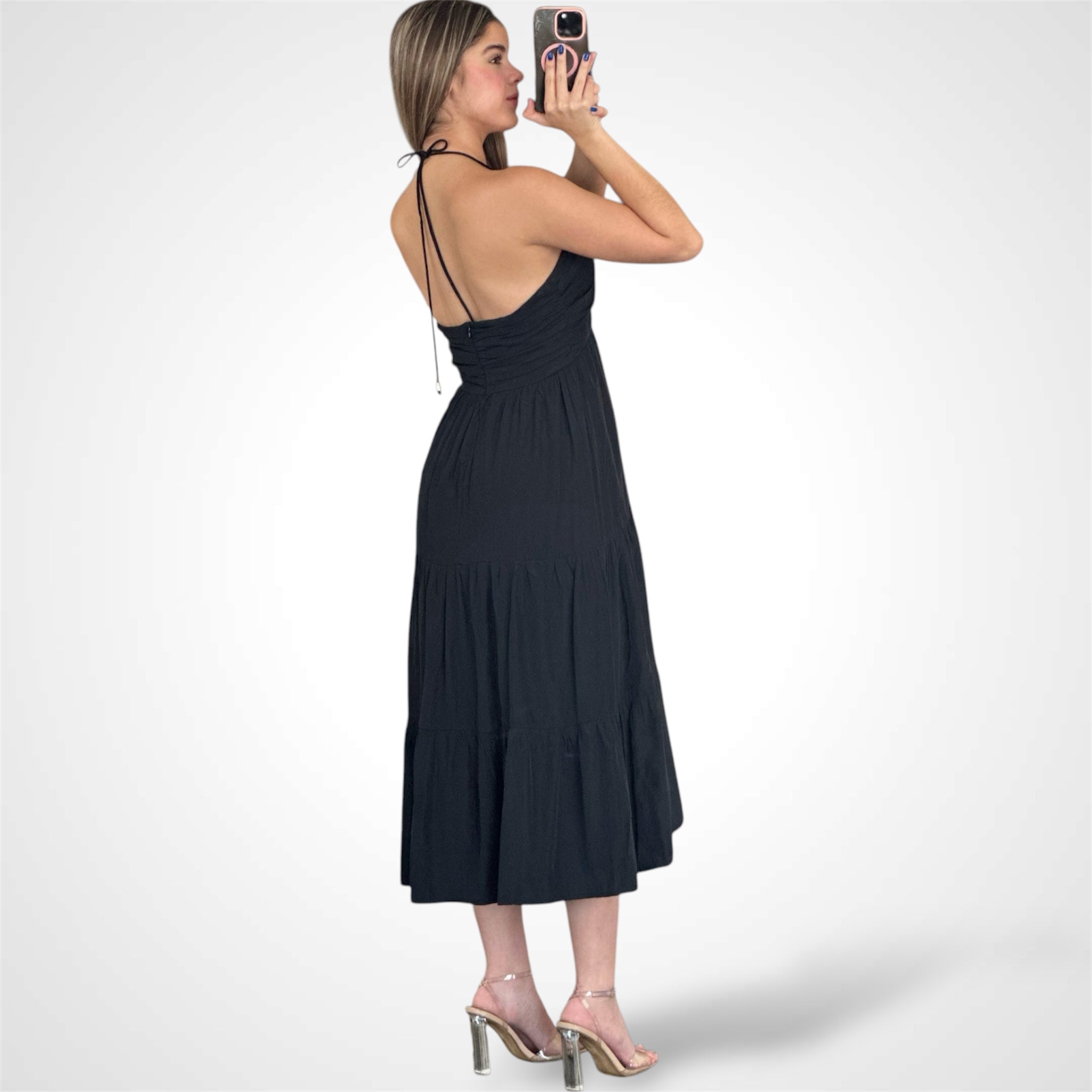 HALTER RUCHED V NOTCHED TIERED MIDI DRESS