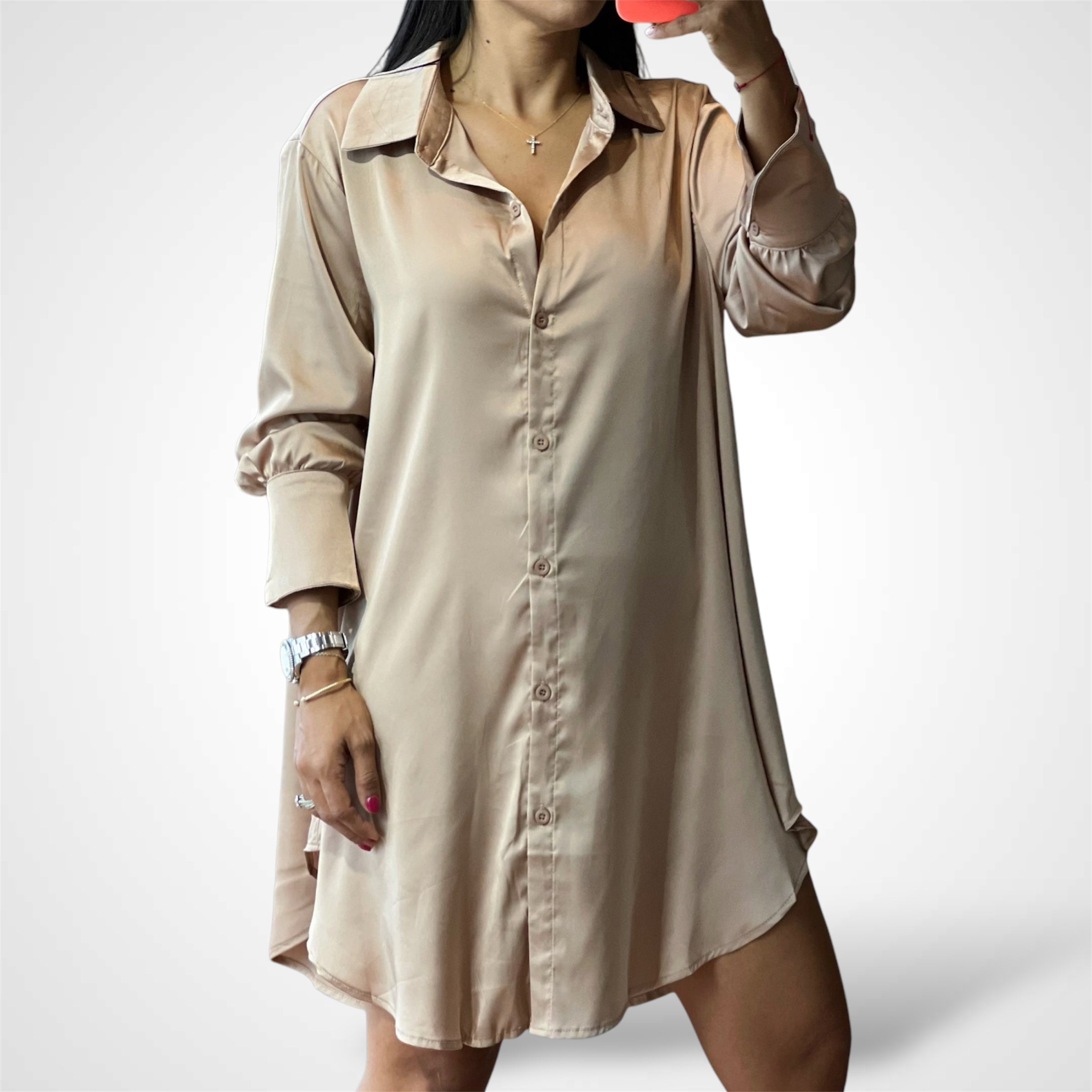 LONG SLEEVE SHIRT SATIN MINI DRESS•-1