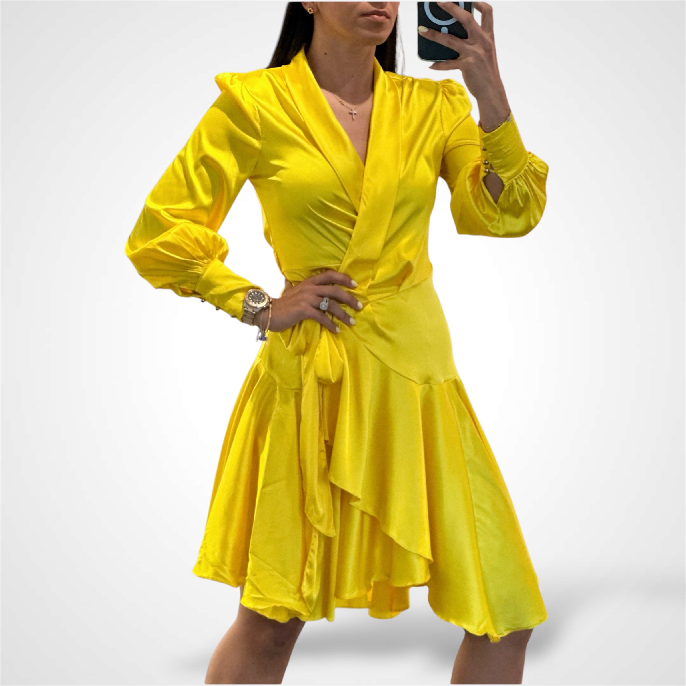 SATIN LONG SLEEVE WRAP DRESS