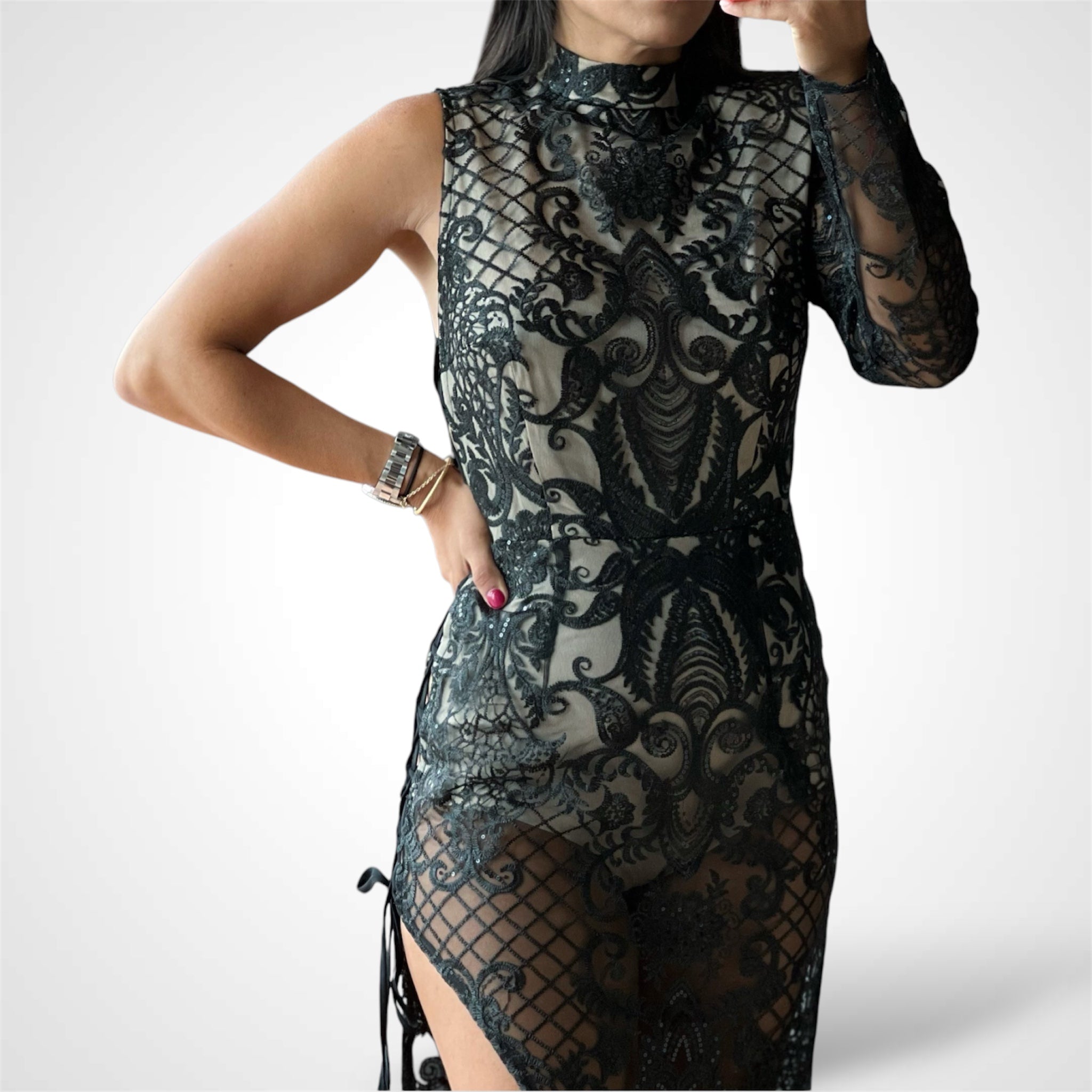 Laceup Embroidered Lace Dress•-2