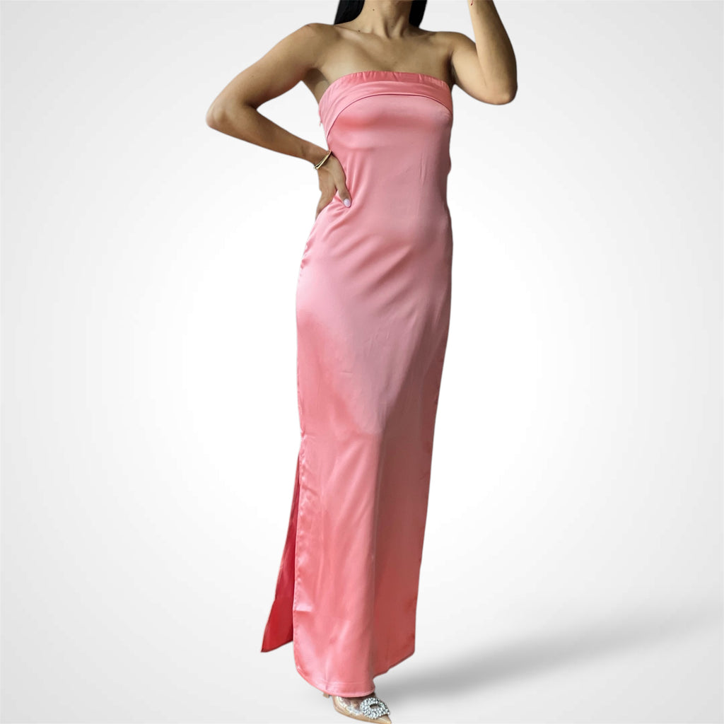 COWL BACK SATIN TUBE MAXI DRESS