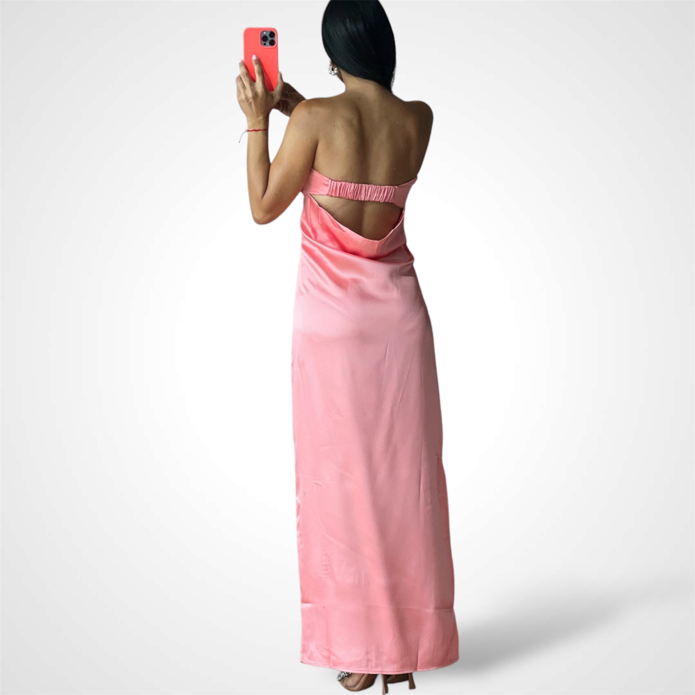 COWL BACK SATIN TUBE MAXI DRESS