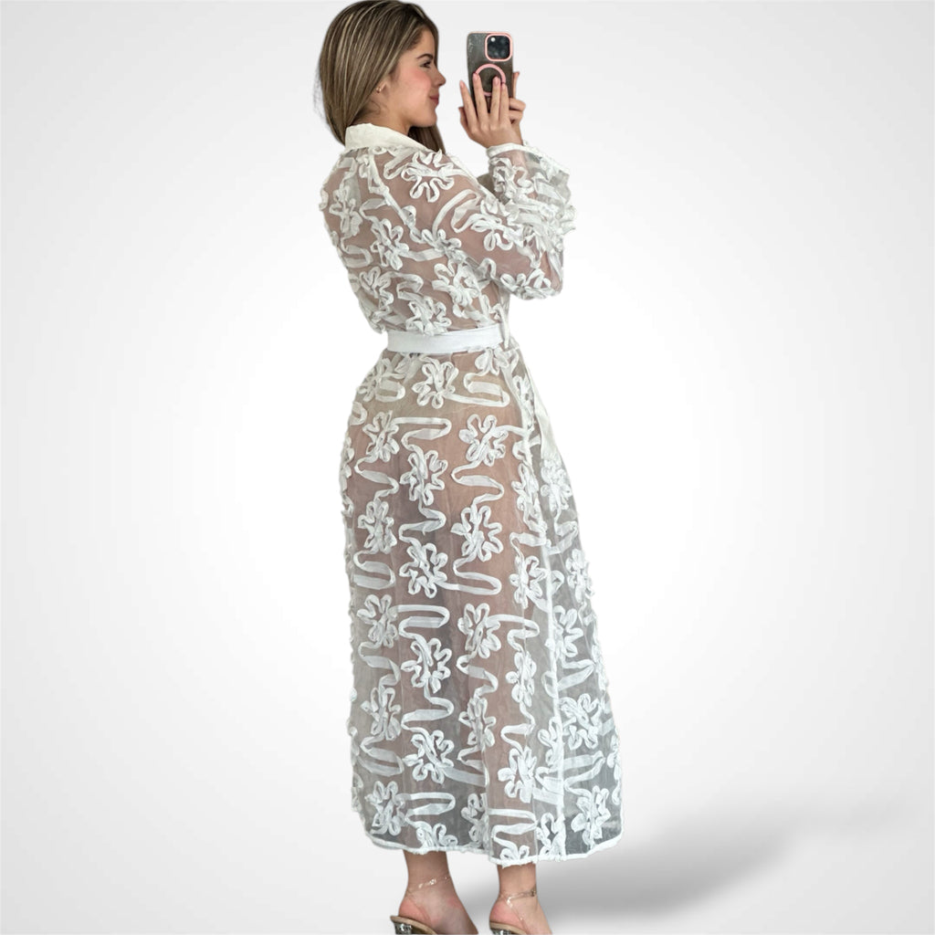 LONG SLEEVE BUTTON UP SELF TIE DETAILED MAXI DRESS