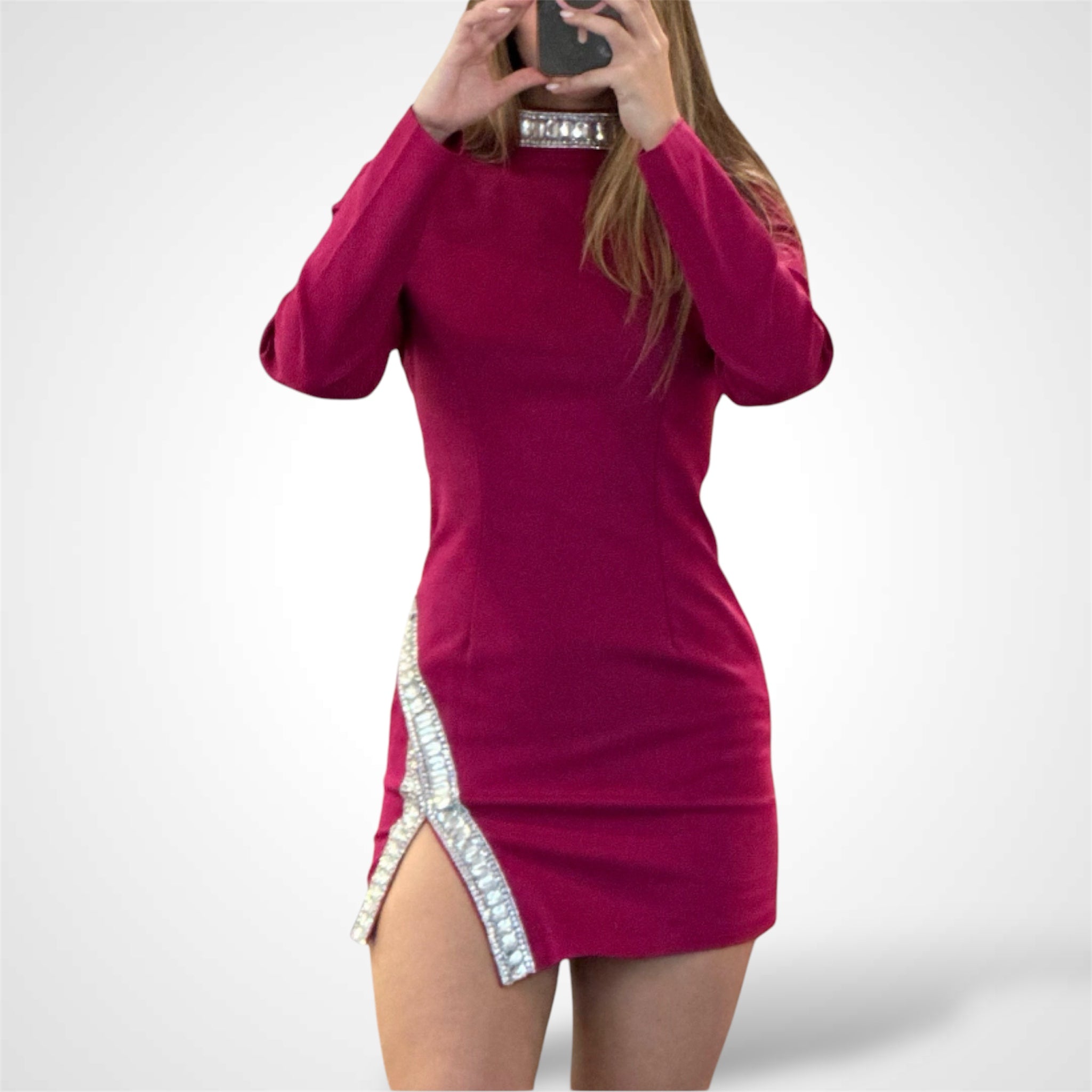 LONG SLEEVE MOCK NECK STUDS BODYCON MINI DRESS•