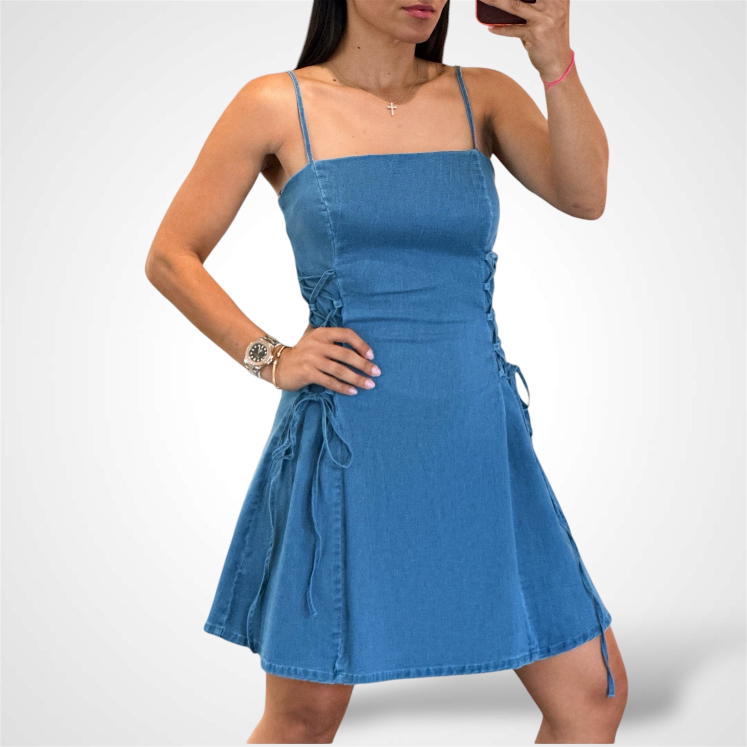 DENIM SIDE LACE UP MINI DRESS•-1