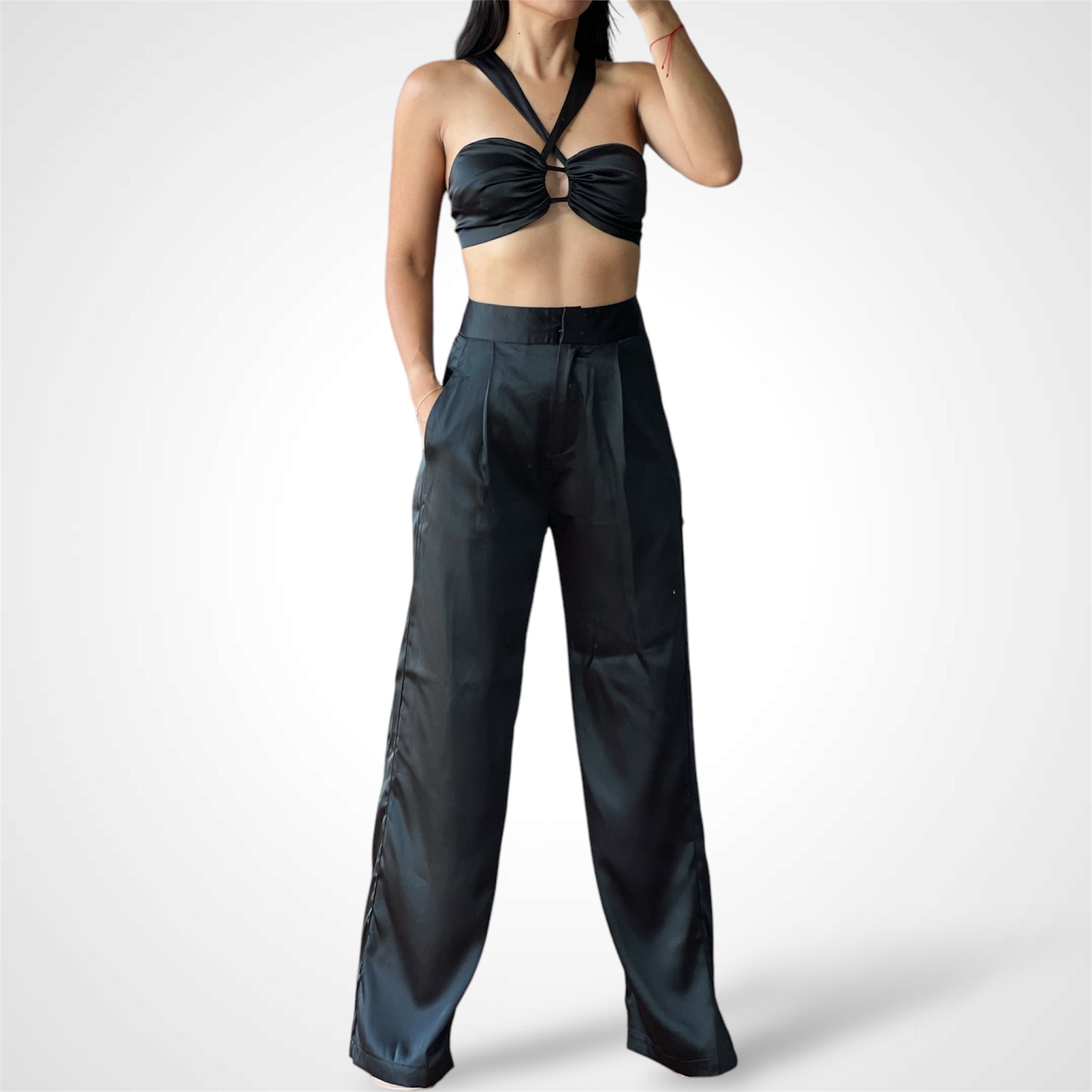 Black Silky Satin Set•