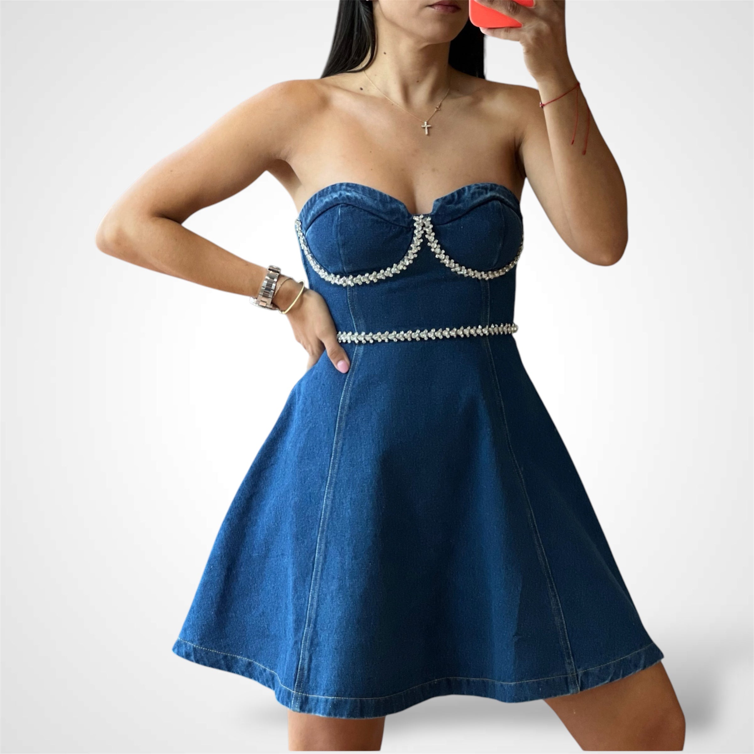 DIAMANTE EMBELLISHED DENIM MINI TUBE DRESS•