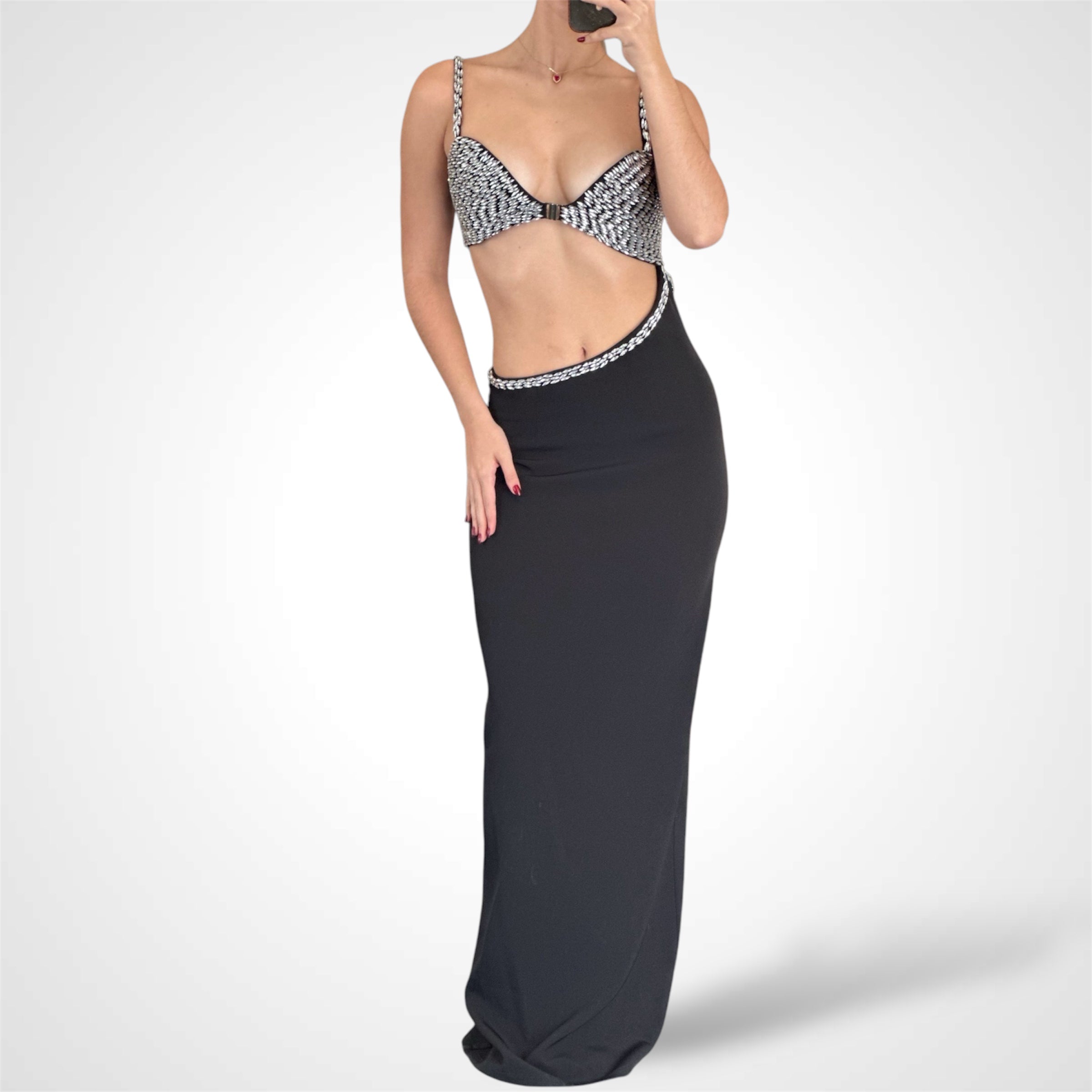 DIAMOND RHINESTONE CUTOUT LONG DRESS•-1