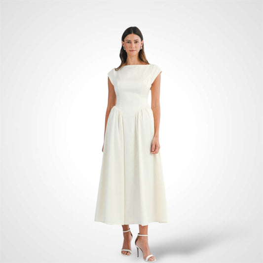 SATIN BOAT NECKLINE MIDI DRESS