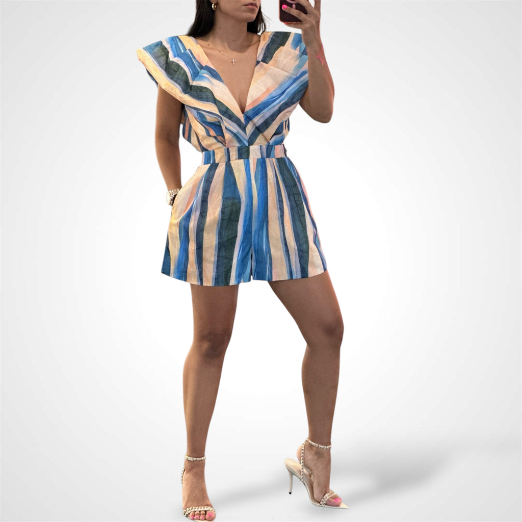 BLUE TEXTURE STRIPE ROMPER