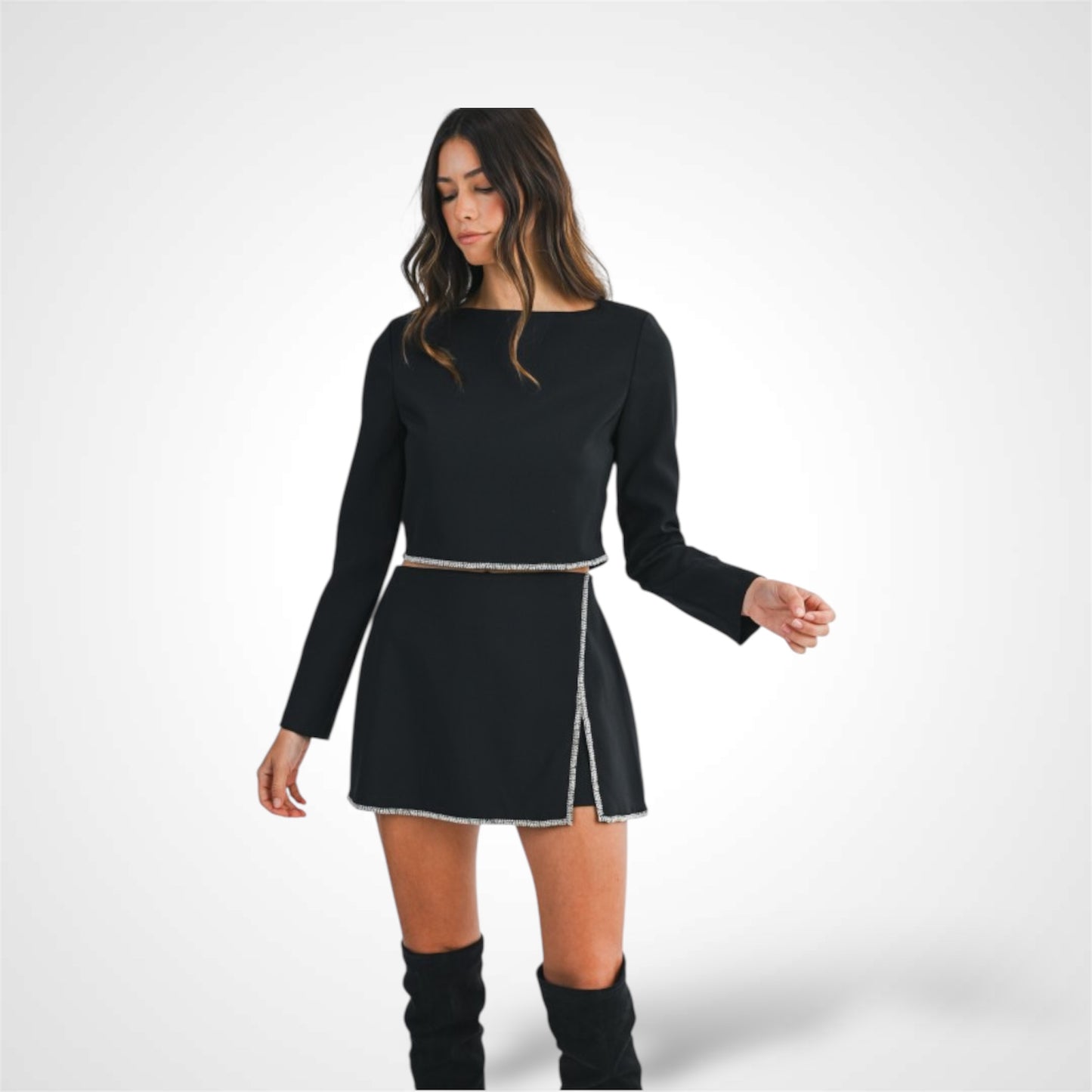 SJQ-RHINESTONE EMBELLISHED KNIT TOP AND SKORT SET