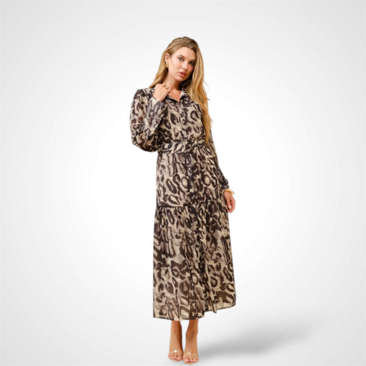 LEOPARD PRINT CHIFFON BELTED MIDI DRESS