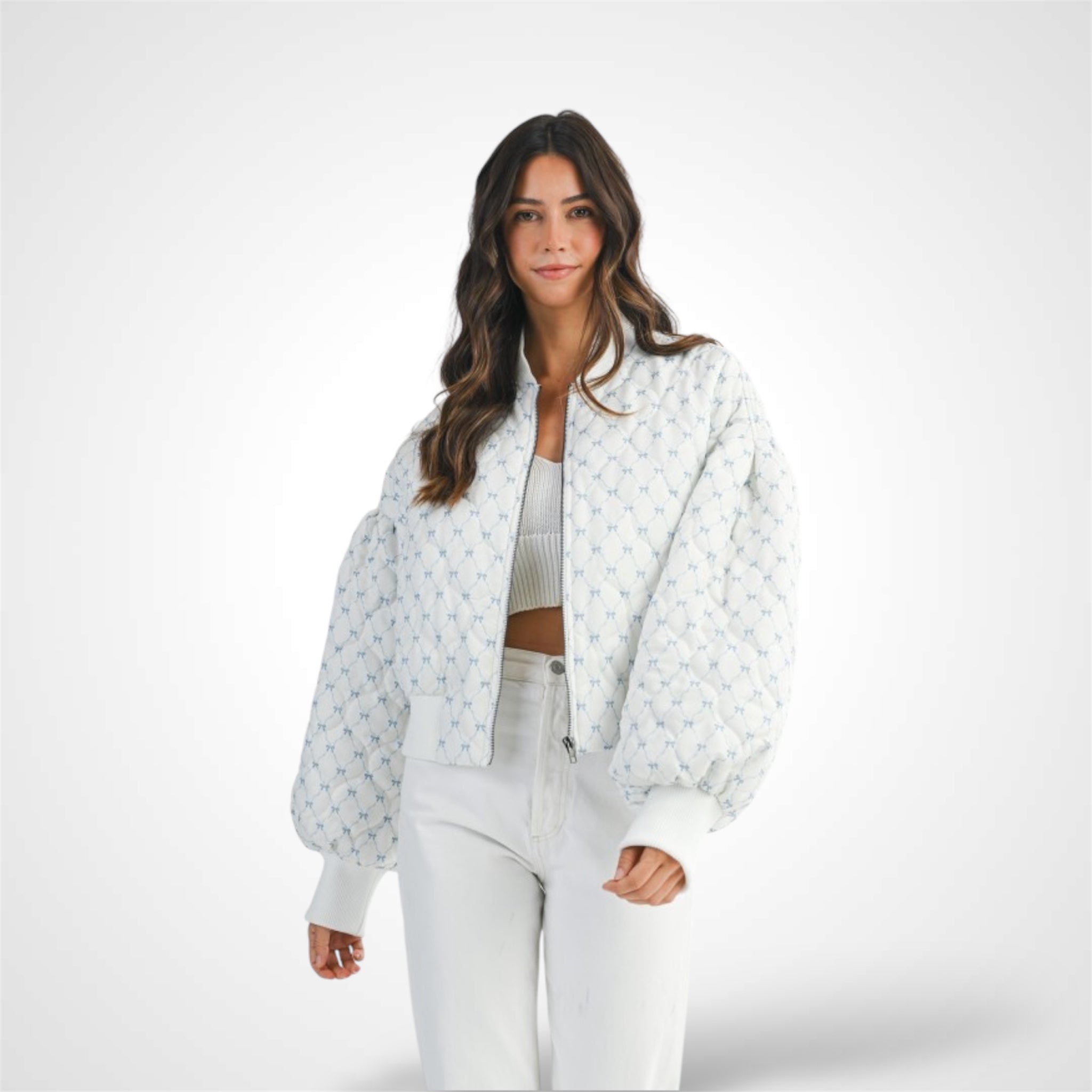 BOW PRINTED OVERSIZED BOMBER JACKET