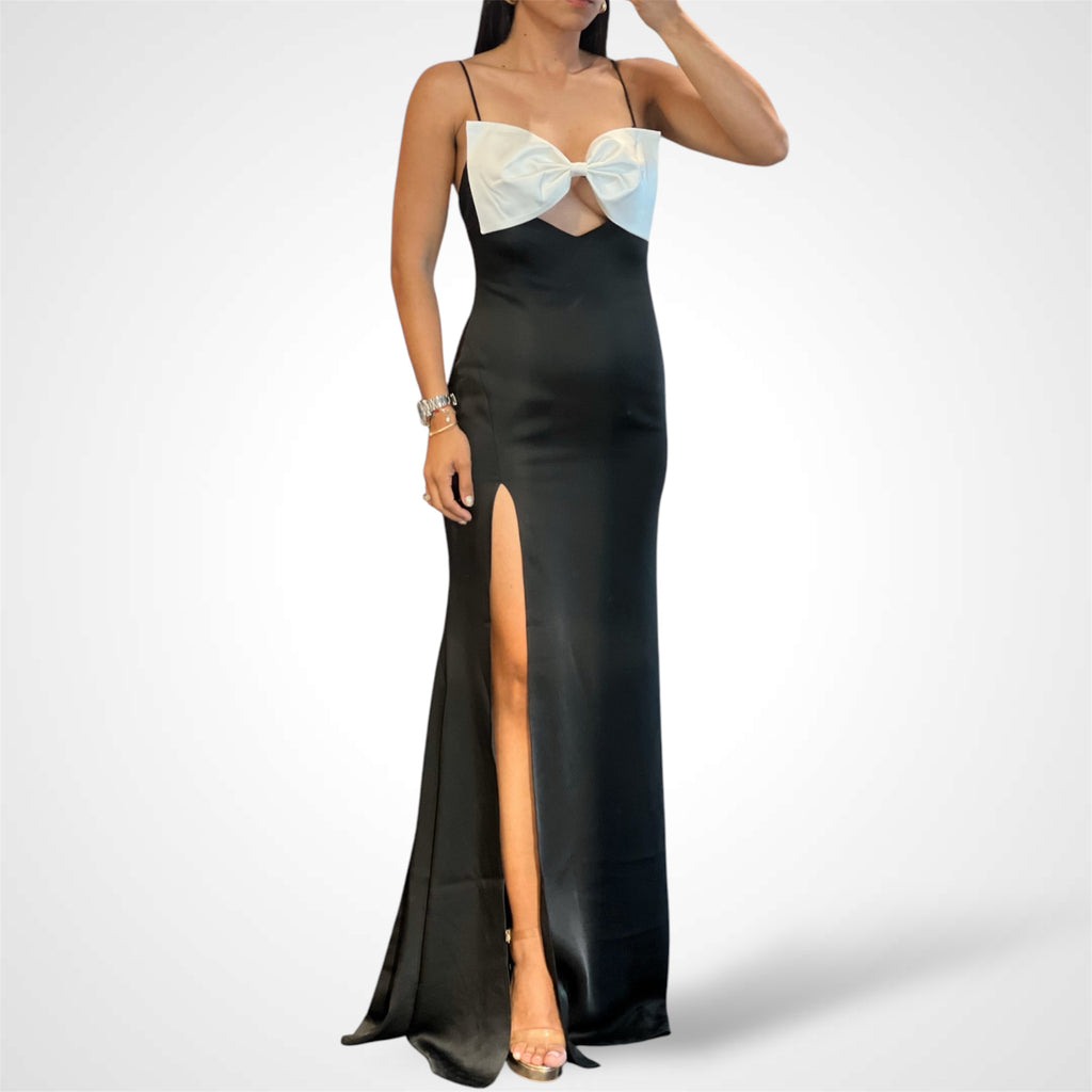 Eleanor Black and White Bow Satin Gown