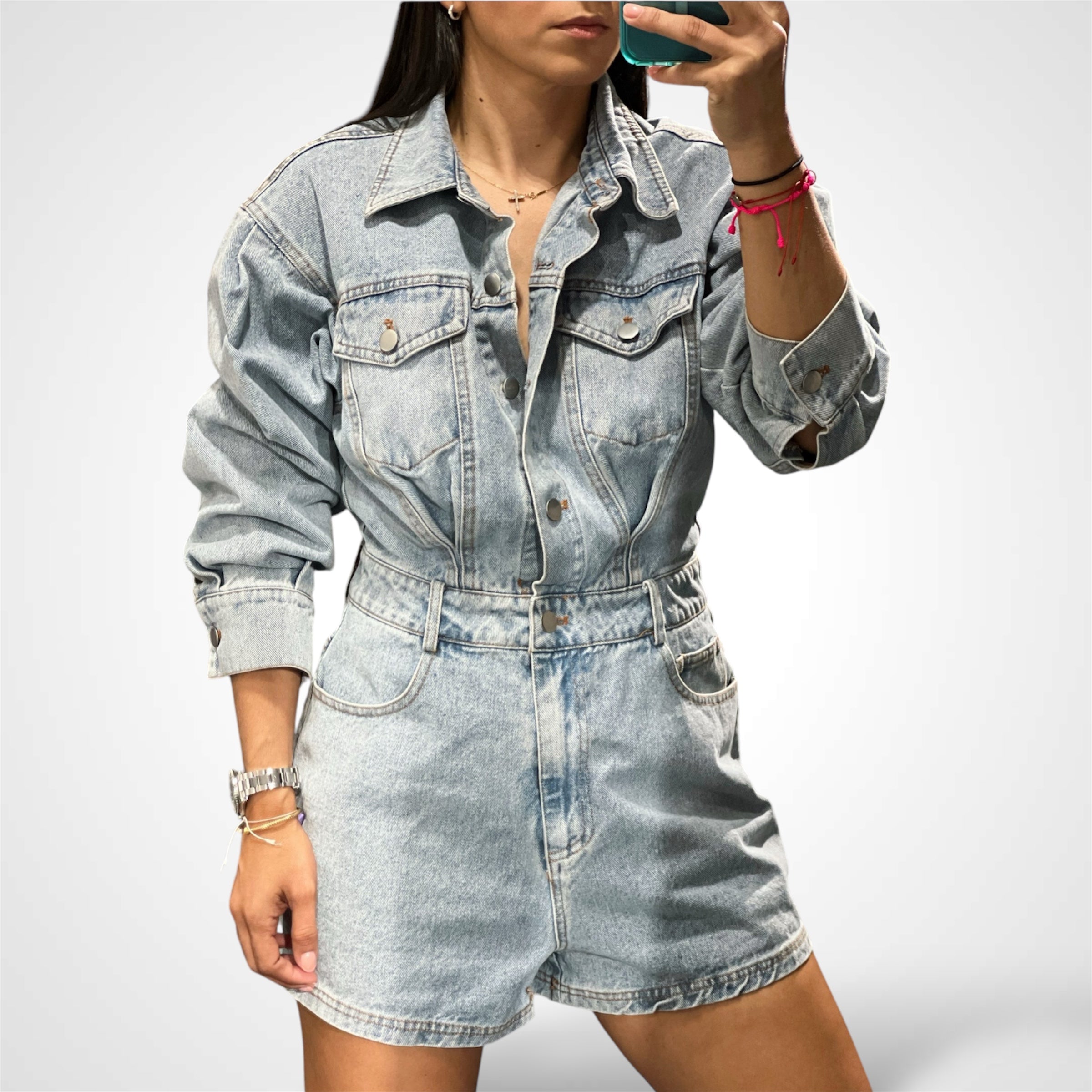 Long Sleeve Denim Romper•