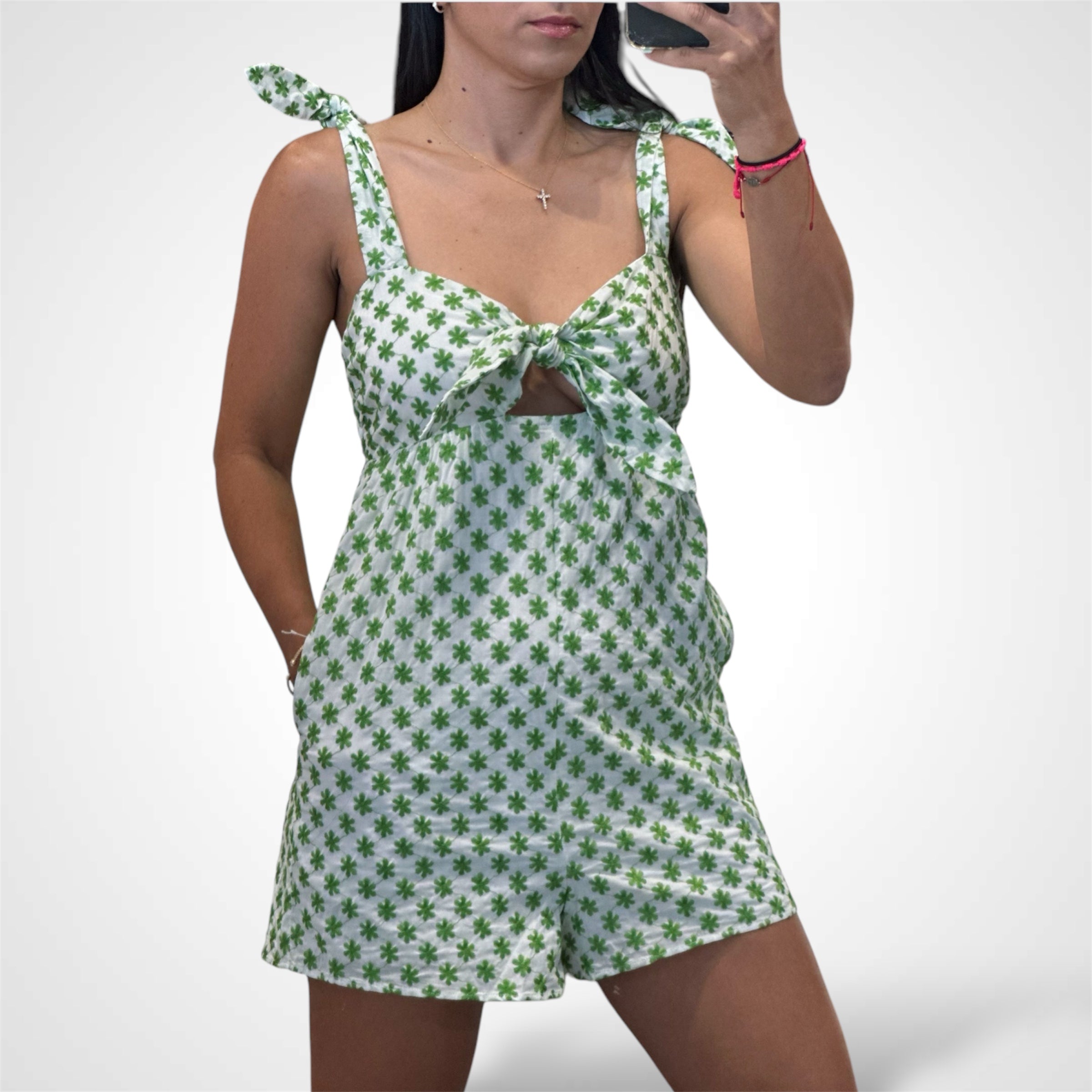 FLORAL EYELET ROMPER WITH TIE DETAILS•