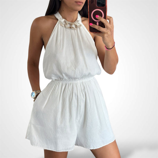 OFF WHITE RING DETAIL HALTER ROMPER