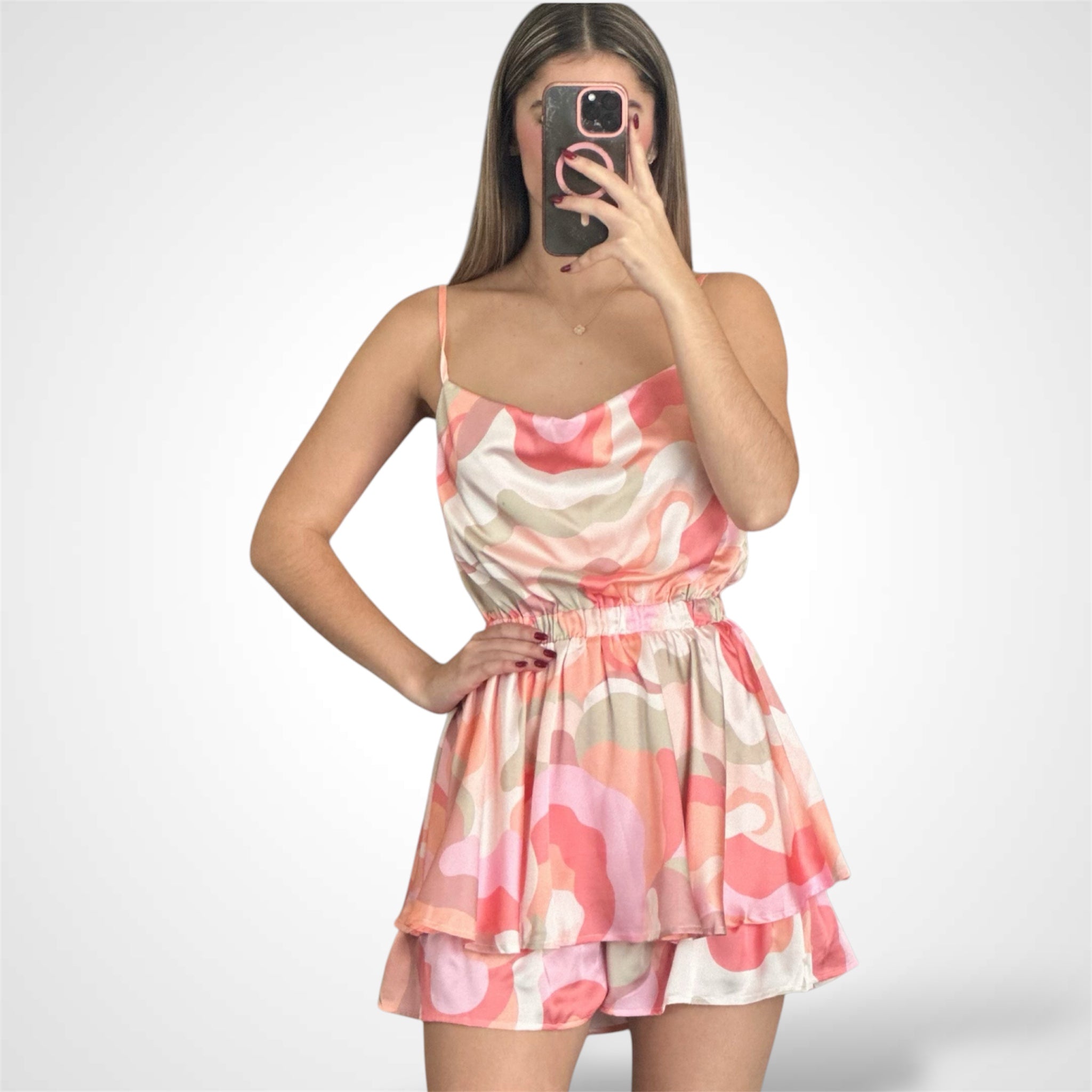 Printed Cowl Neck Tiered Romper-1