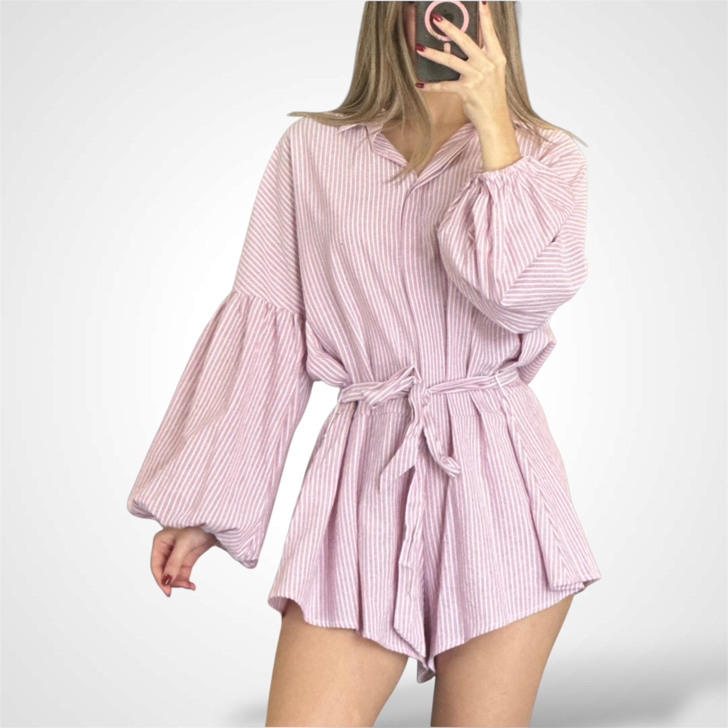 PINK LONG SLEEVE BUTTON UP SELF TIE STRIPES ROMPER•