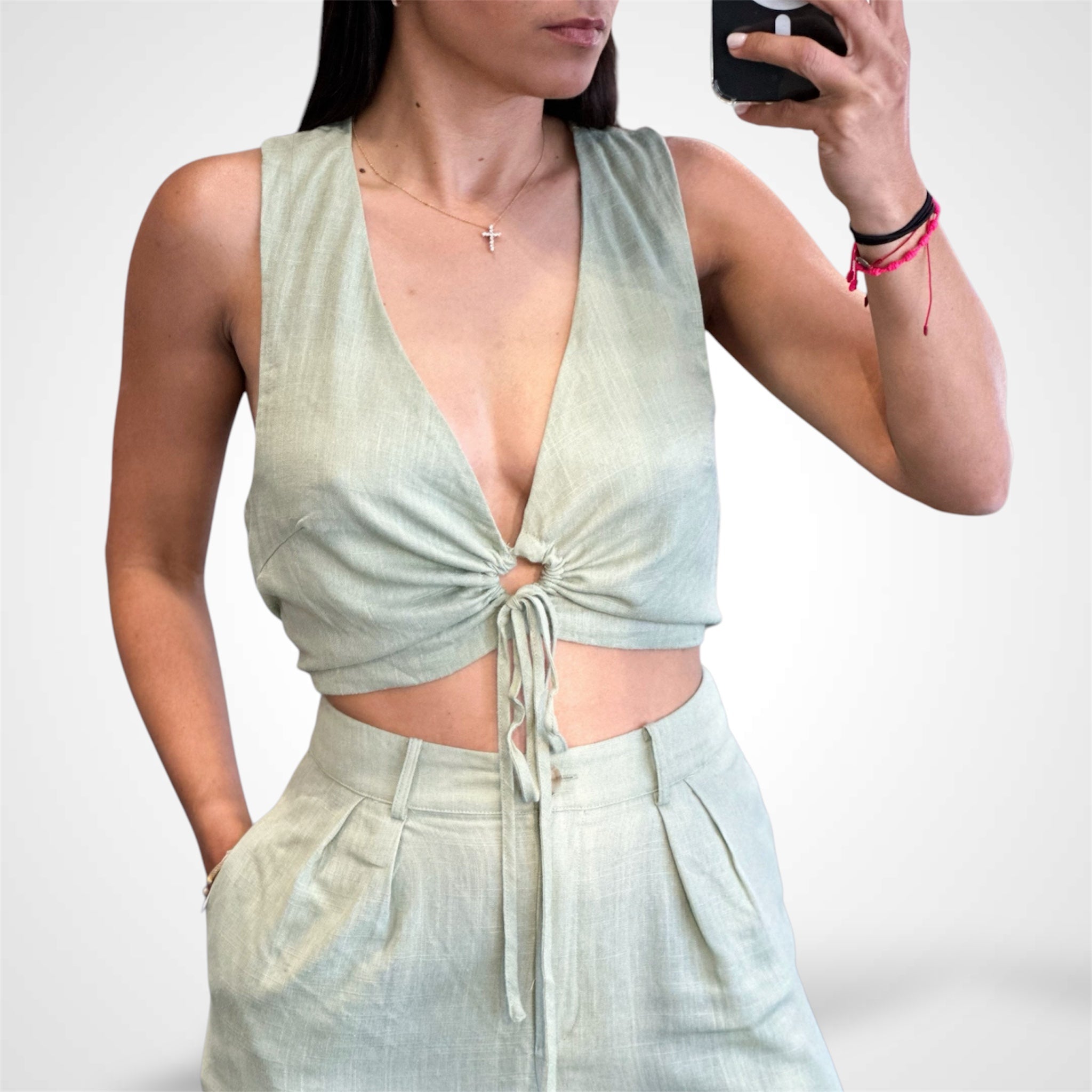 DUSTY SAGE RUCHED TOP & HIGH WAISTED LONG PANTS•