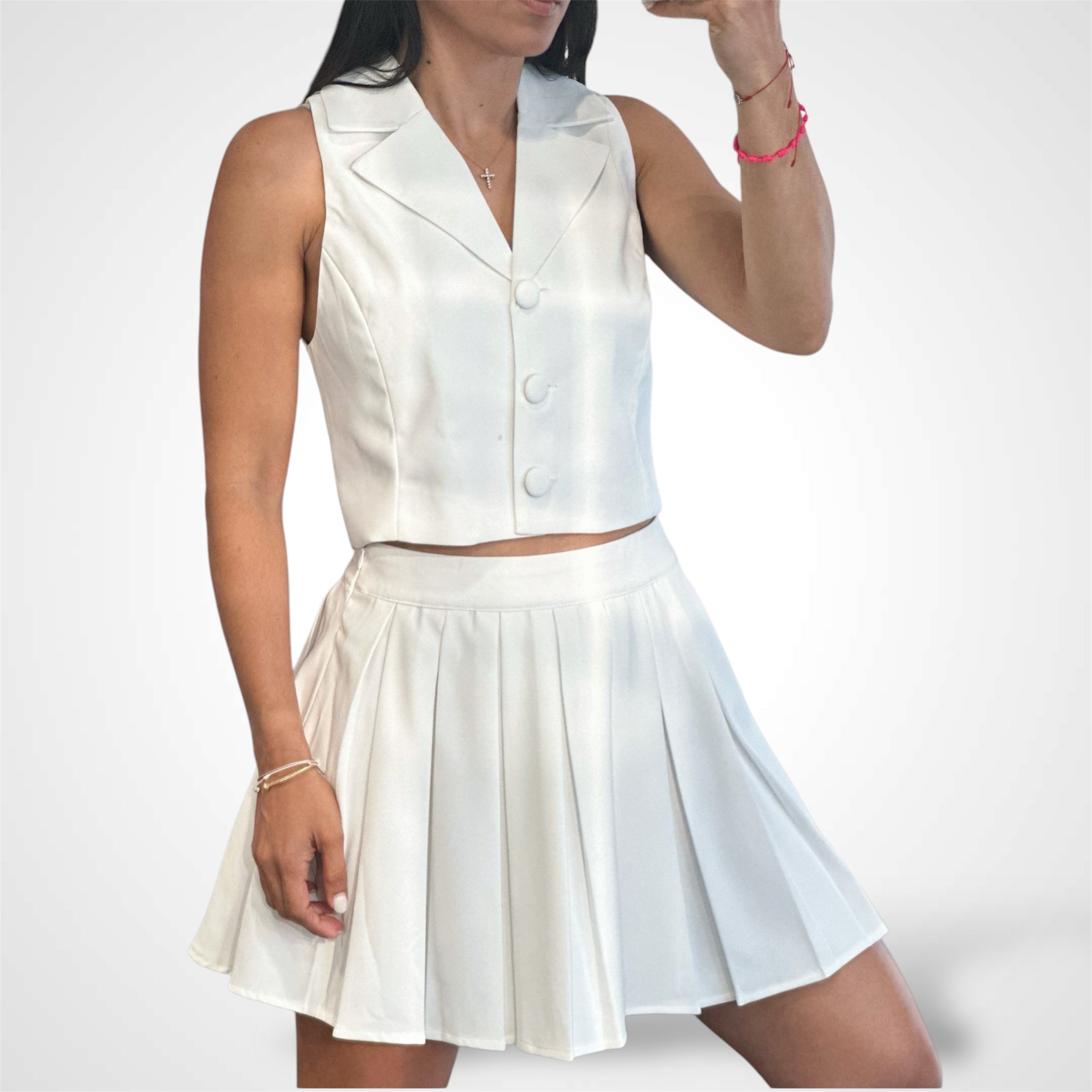 Vest And Pleats Mini Skirt Set•