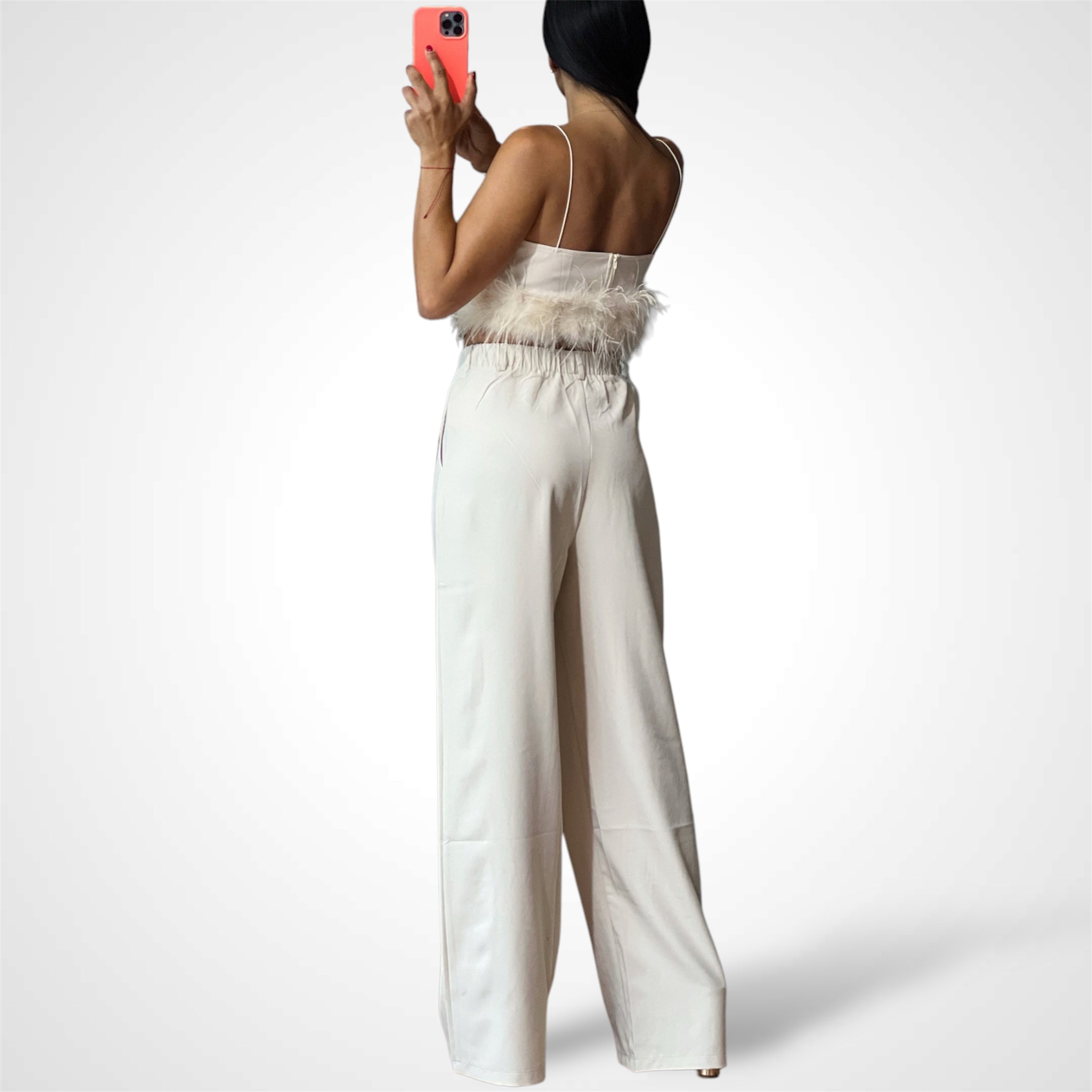 FEATHER TRIM CROP TOP WITH WIDE PANTS SET
