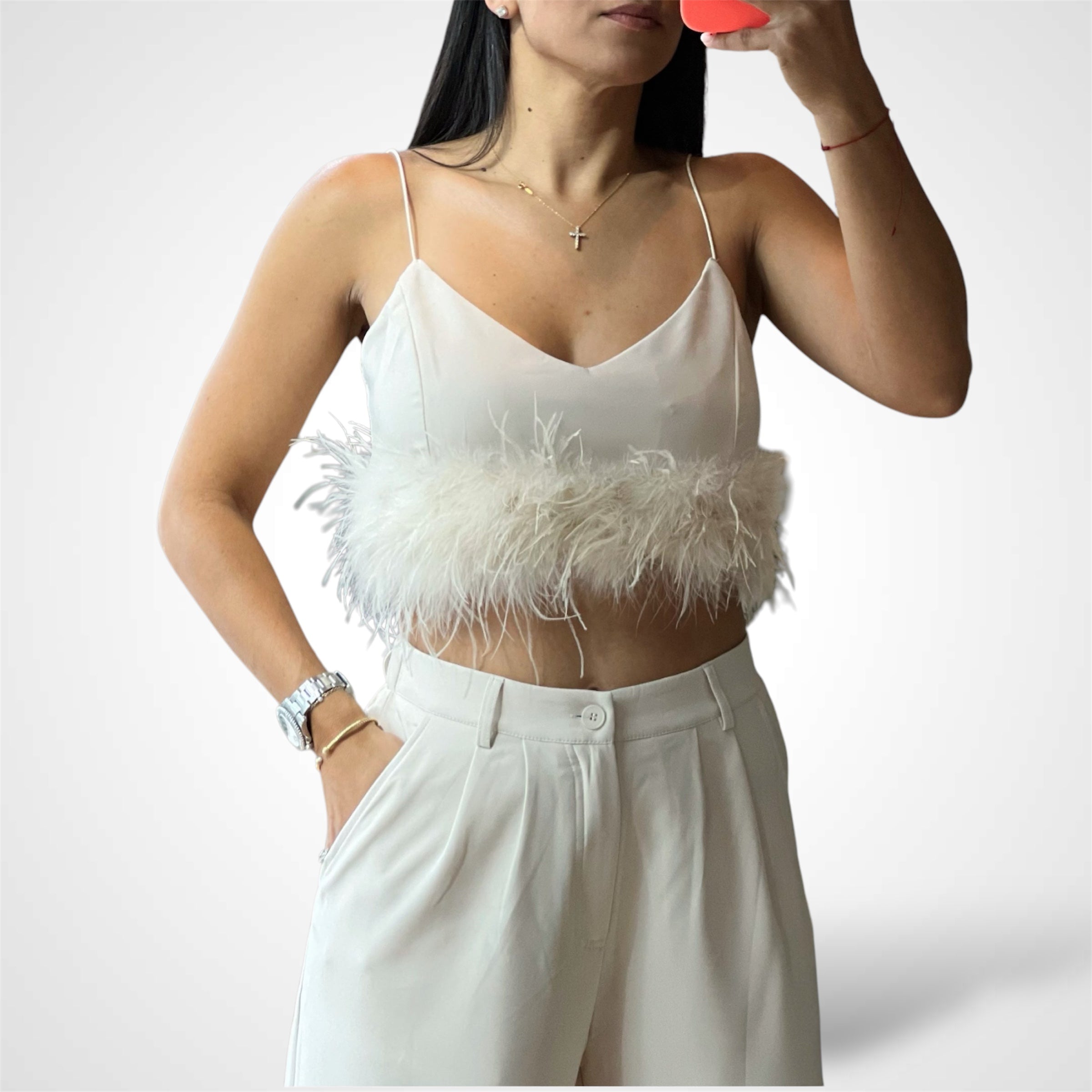 FEATHER TRIM CROP TOP WITH WIDE PANTS SET•-2