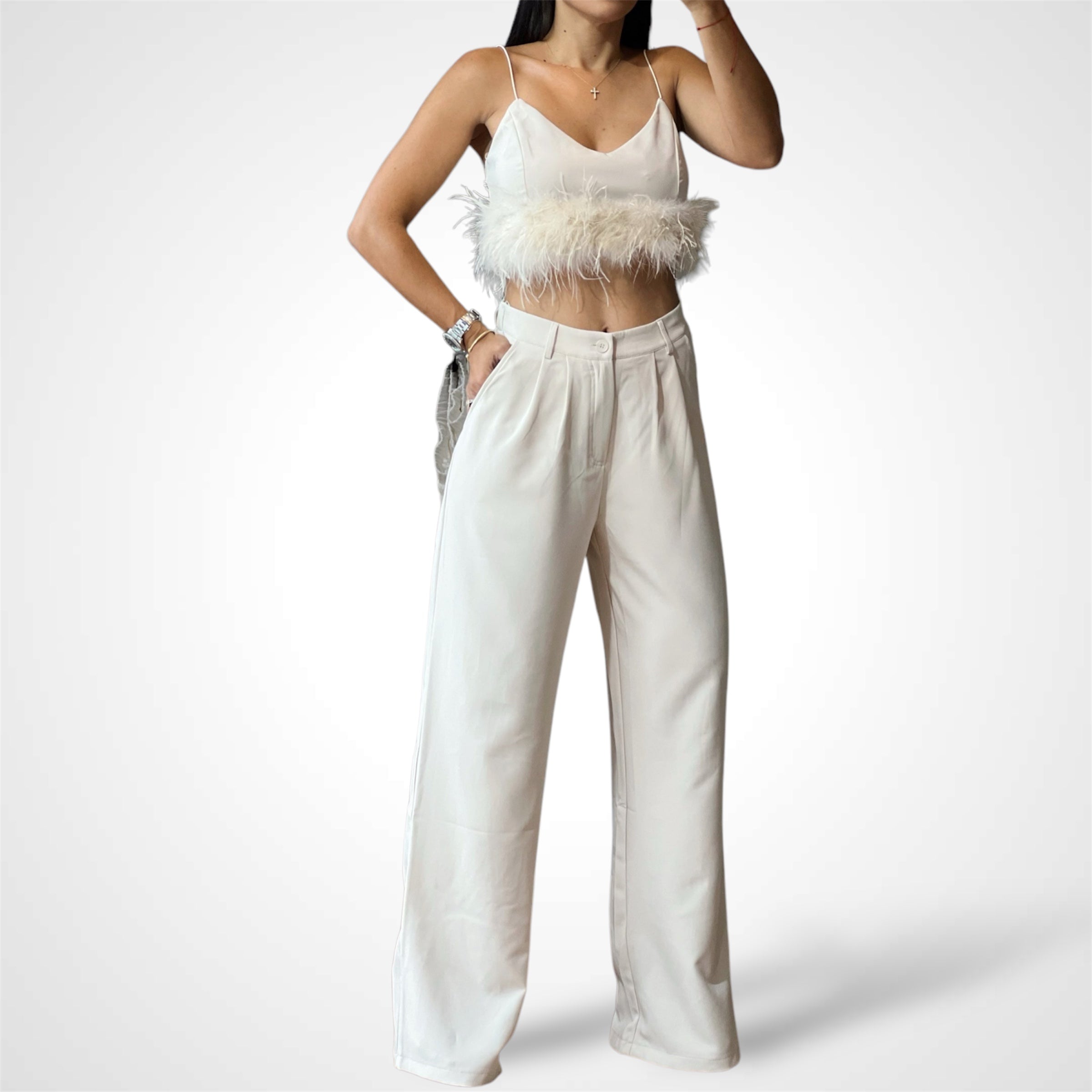 FEATHER TRIM CROP TOP WITH WIDE PANTS SET•
