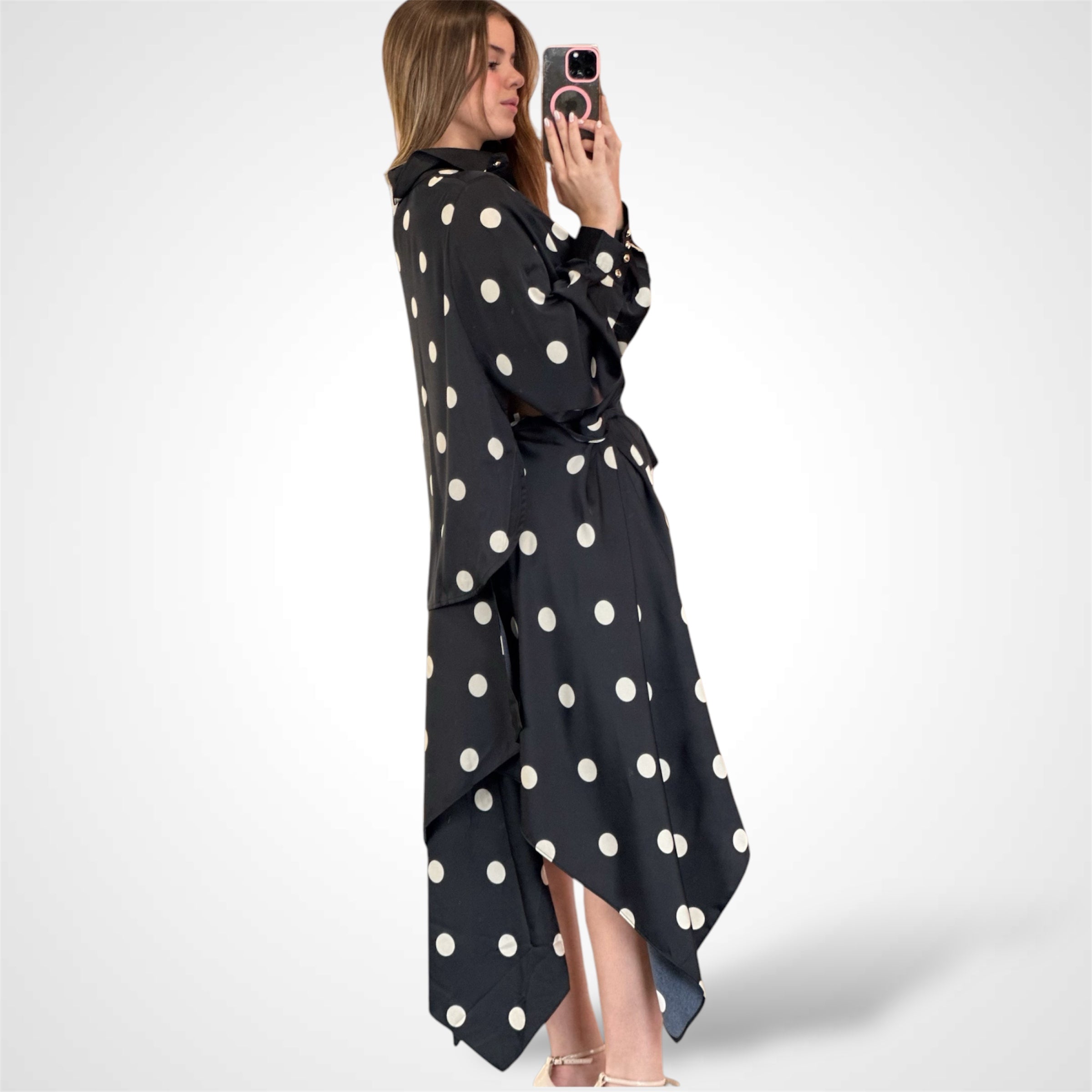 POLKA DOT DRAPE SHIRT SKIRT SET•-3