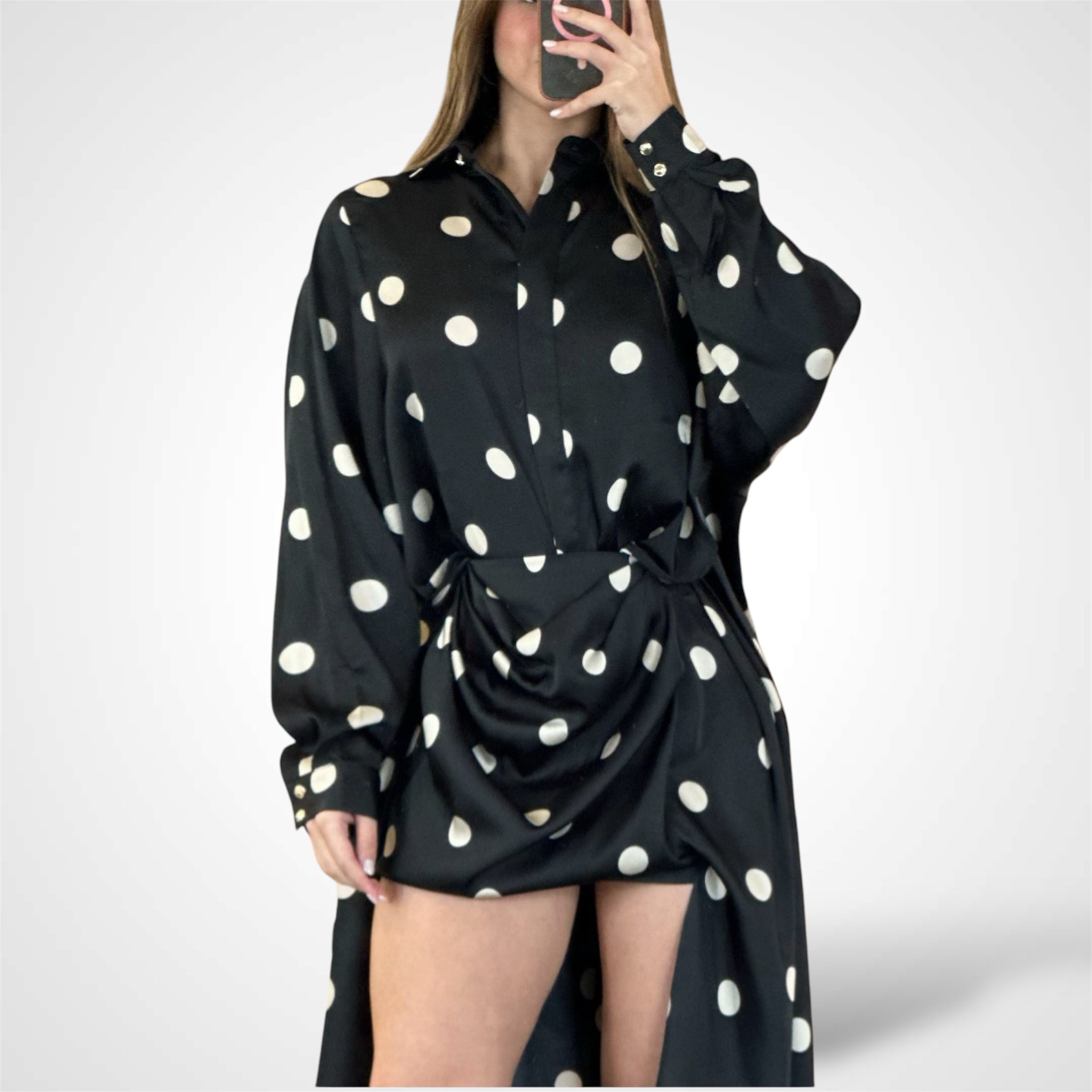 POLKA DOT DRAPE SHIRT SKIRT SET•-2