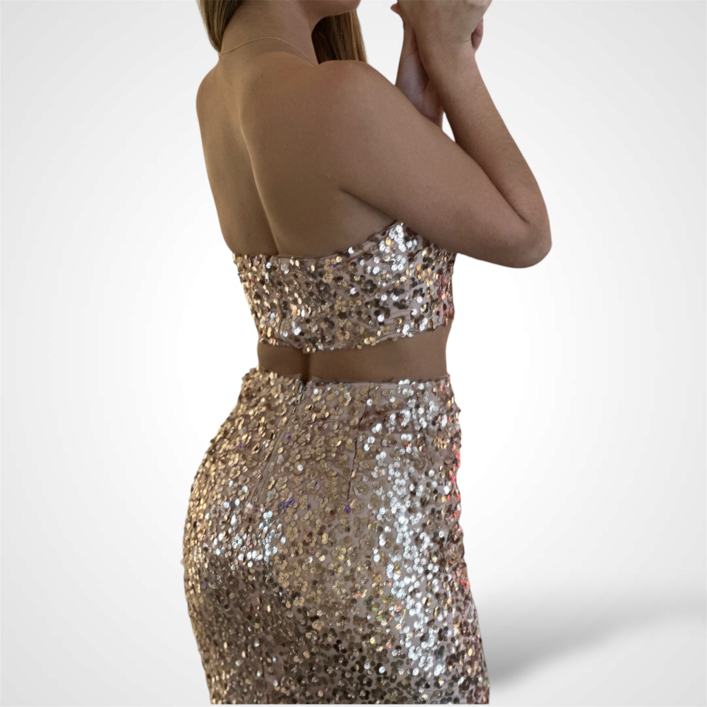 BEADED SEQUIN BANDEAU AND MIDI SKIRT SET
