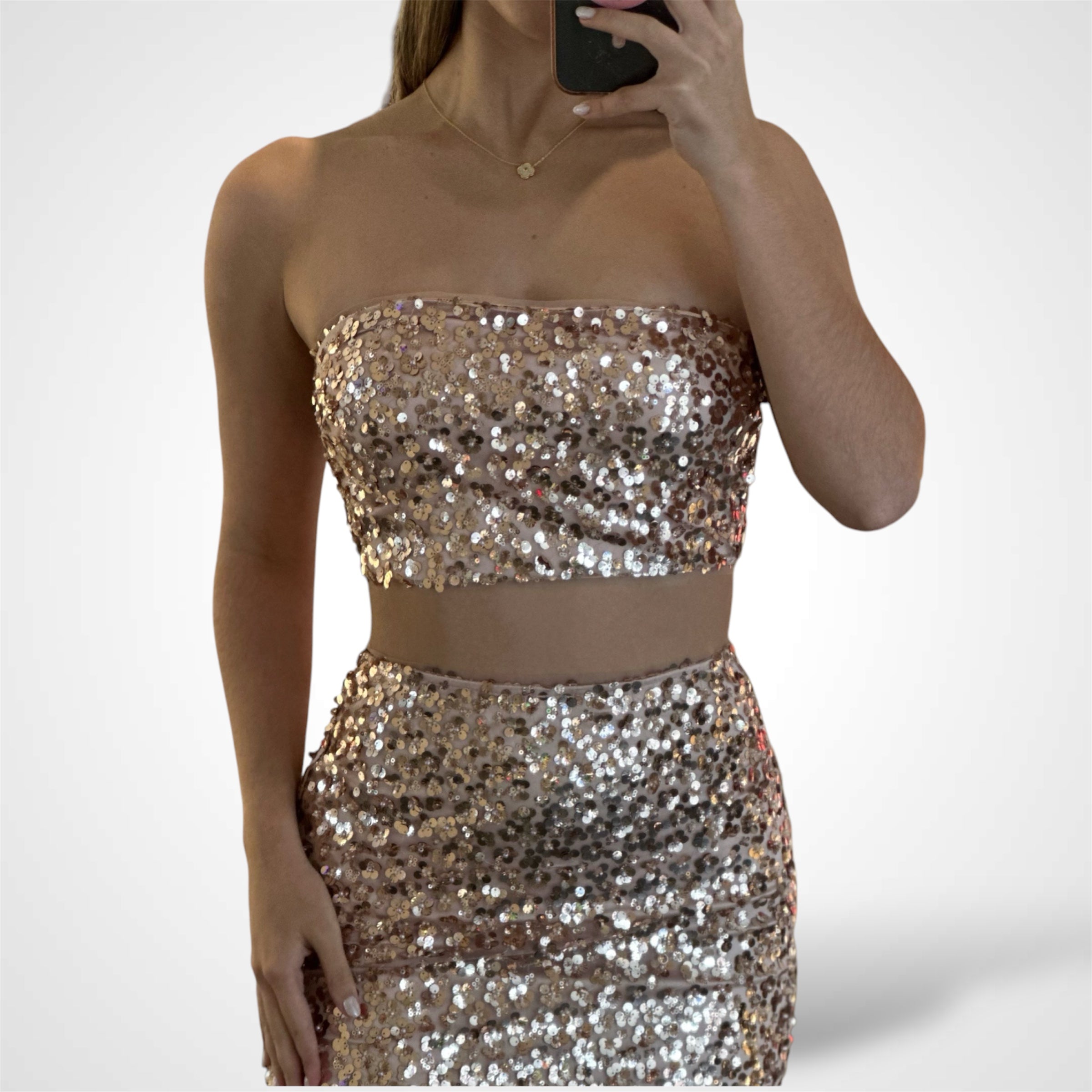 BEADED SEQUIN BANDEAU AND MIDI SKIRT SET