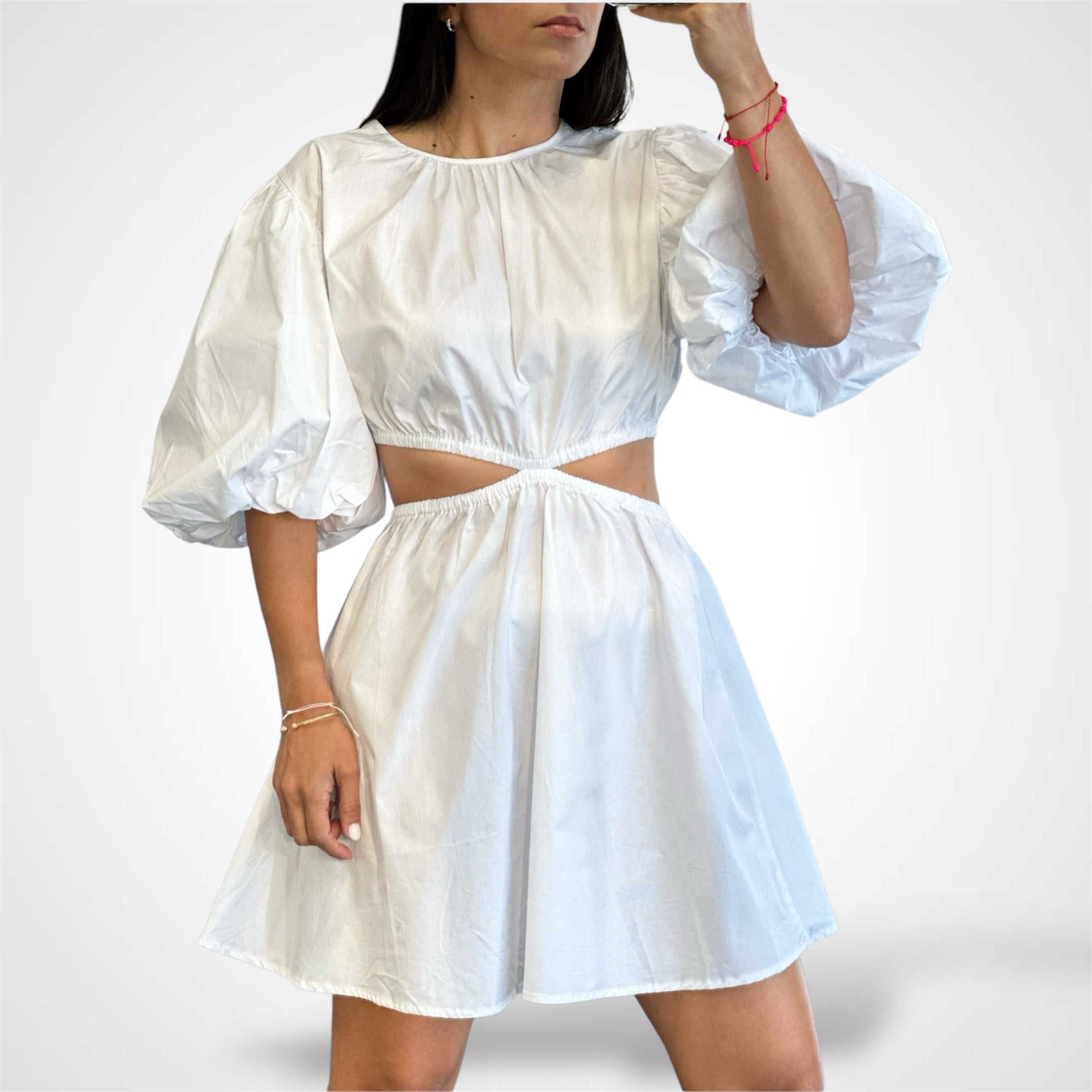 White Puff Sleeve Cutout Mini Dress-1