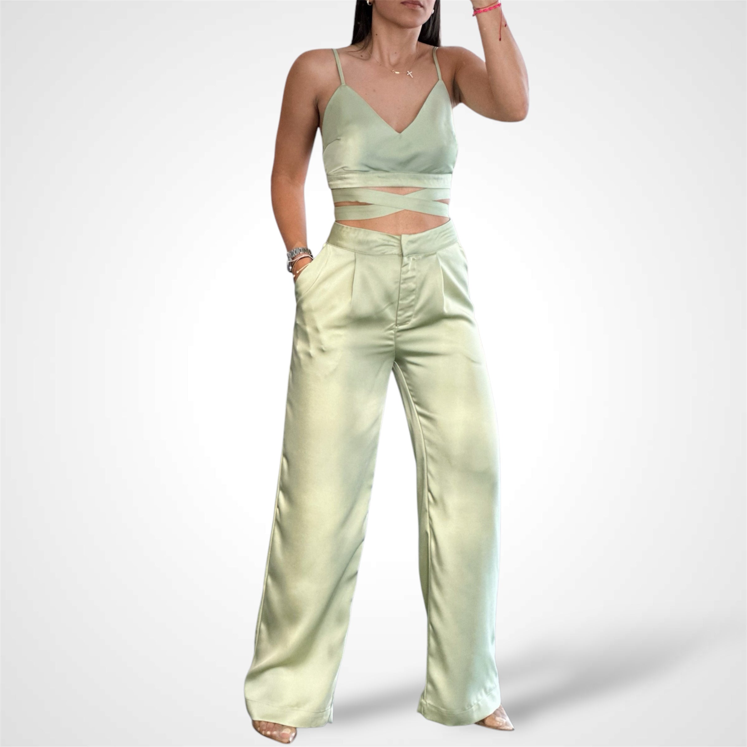 Halter Neck Tied Top And Pants Set•-1