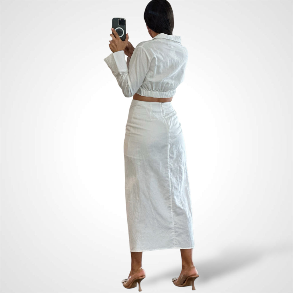 V Neck Shirt And Slit Skirt Set