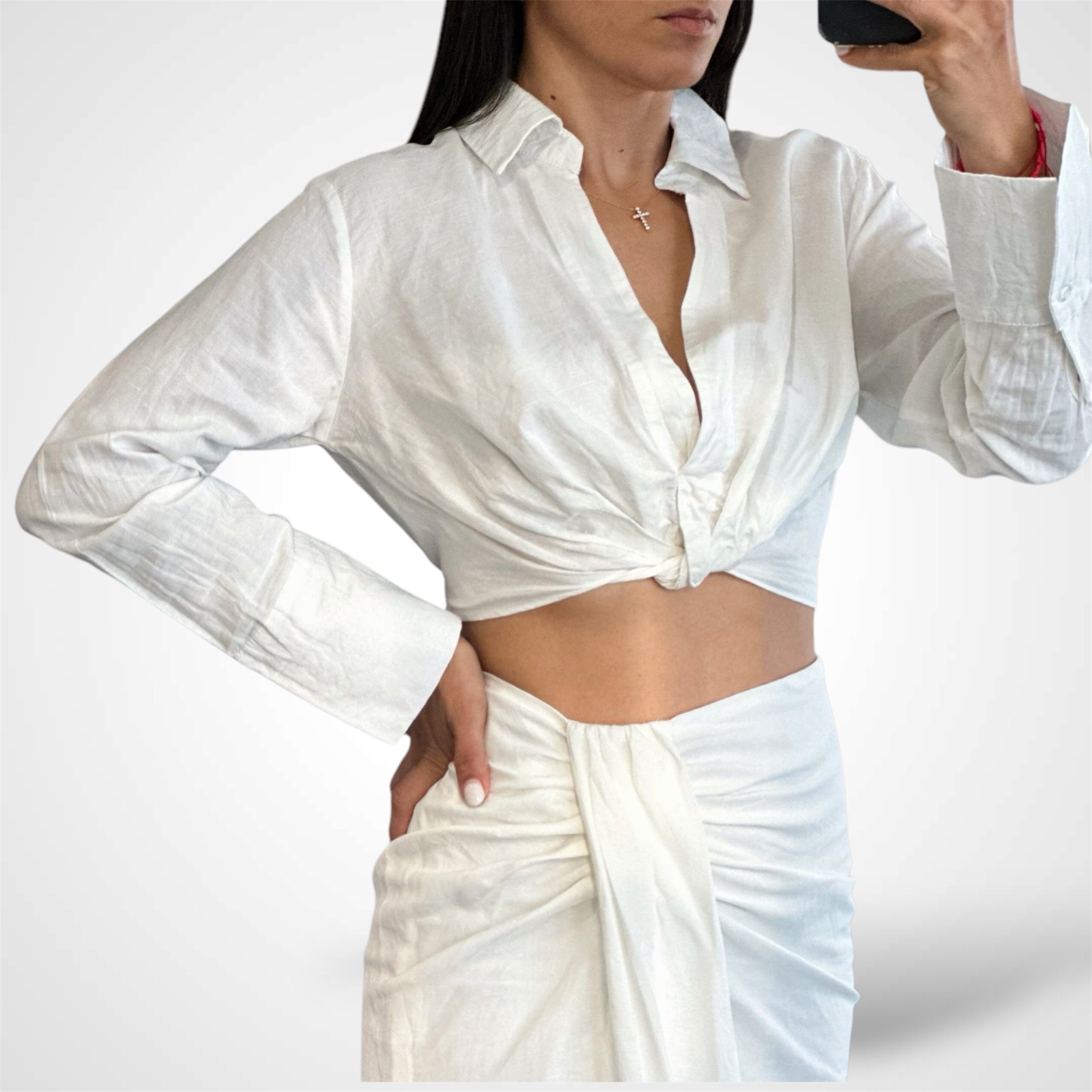 V Neck Shirt And Slit Skirt Set