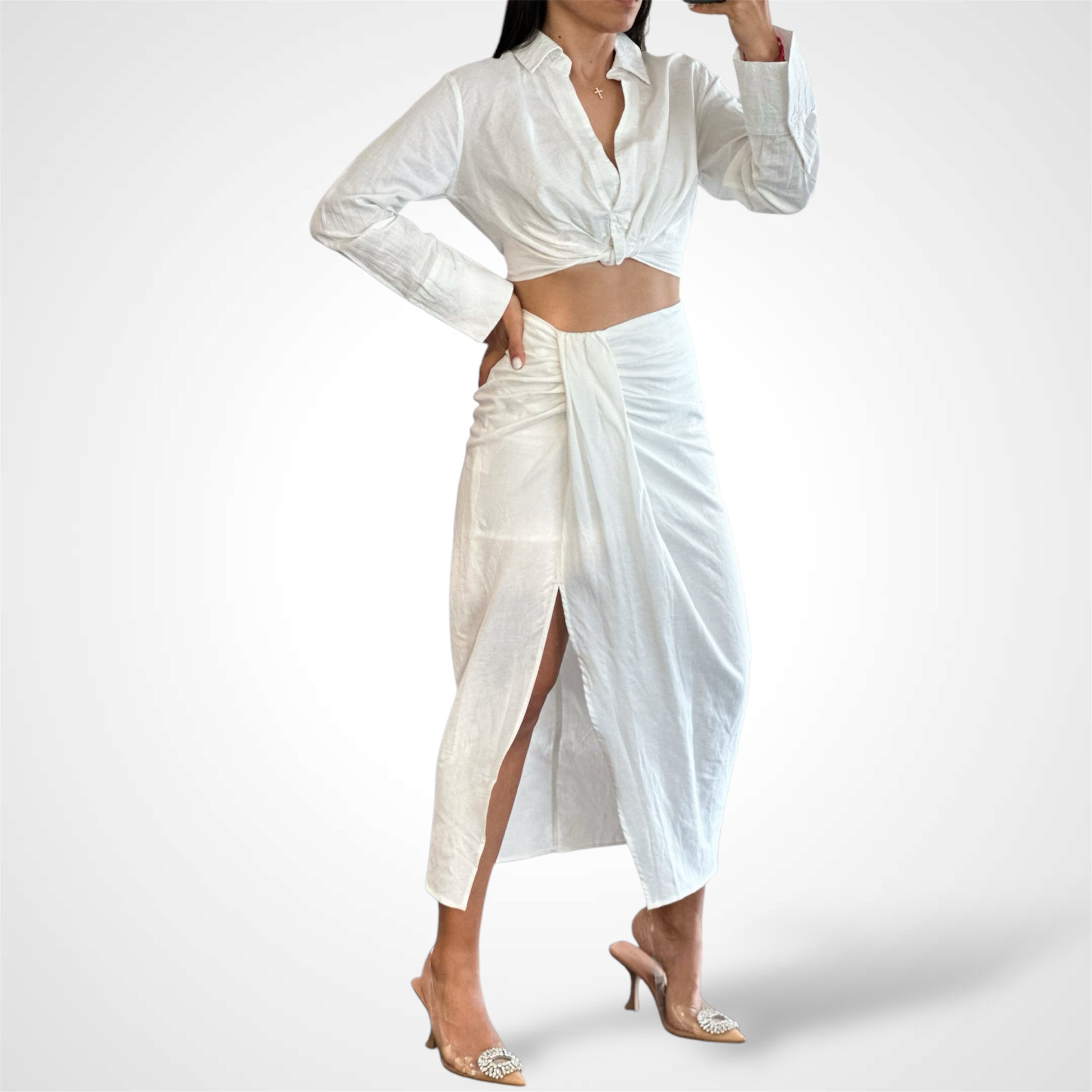 V Neck Shirt And Slit Skirt Set•