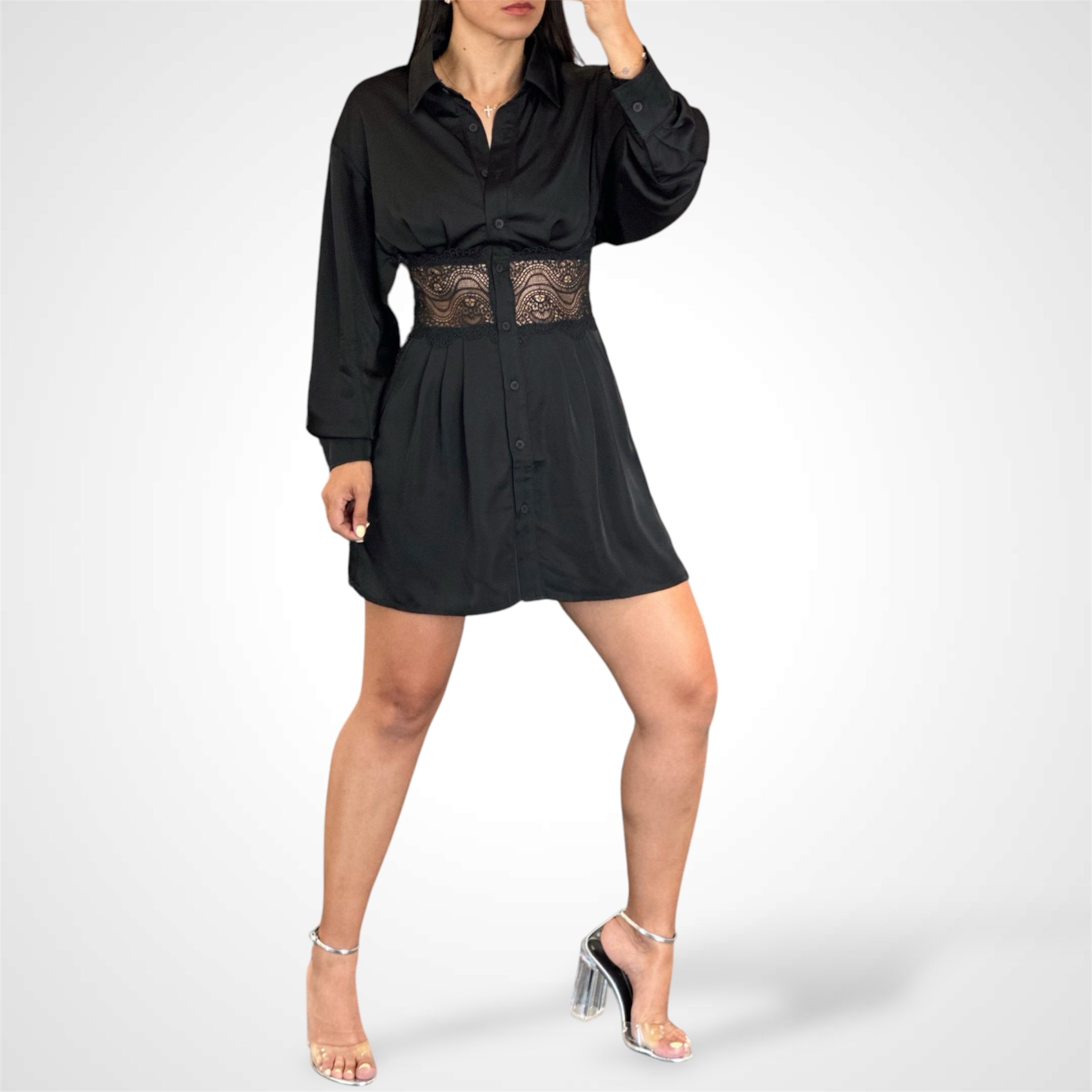 Black Lace Shirt Dress•-2